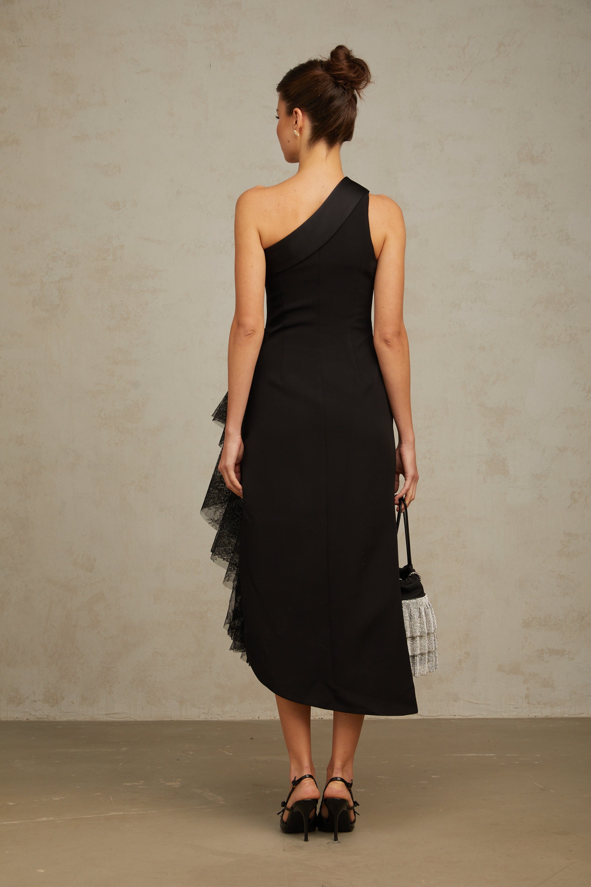 Bernadette black lace-panell asymmetrical midi dress