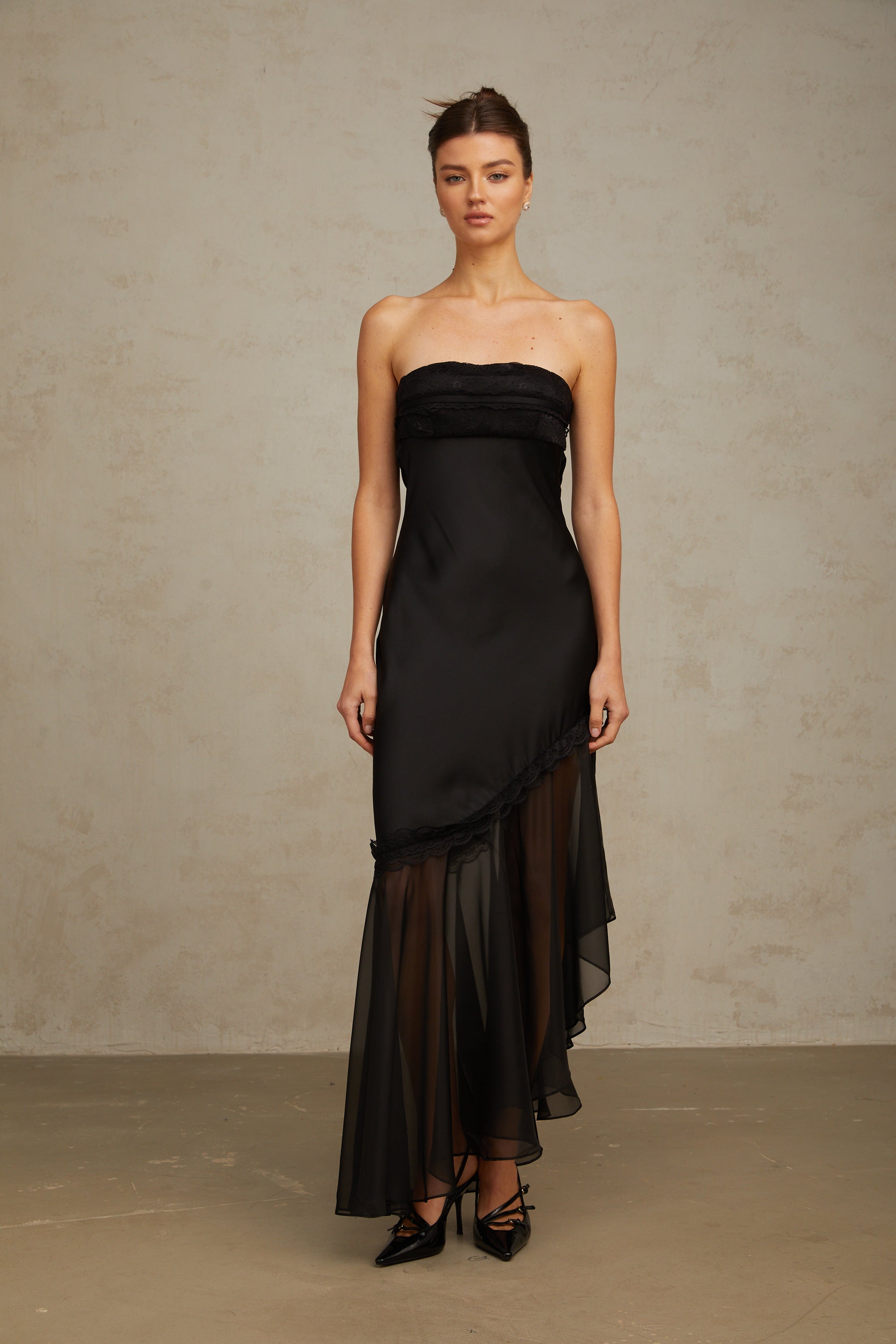 Bernadette black tulle-panelling satin maxi dress