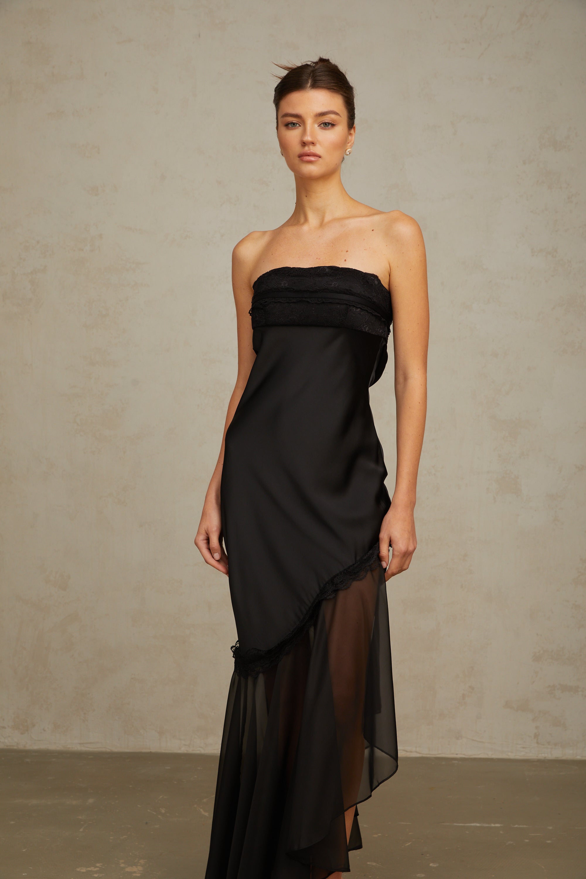 Bernadette black tulle-panelling satin maxi dress