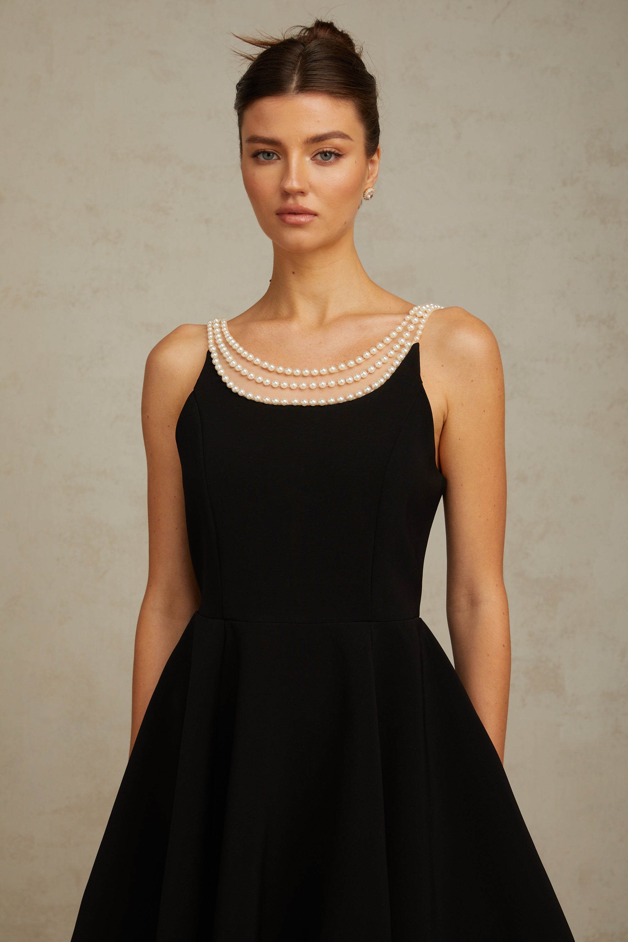 Danaé black faux-pearl-embellished mini dress