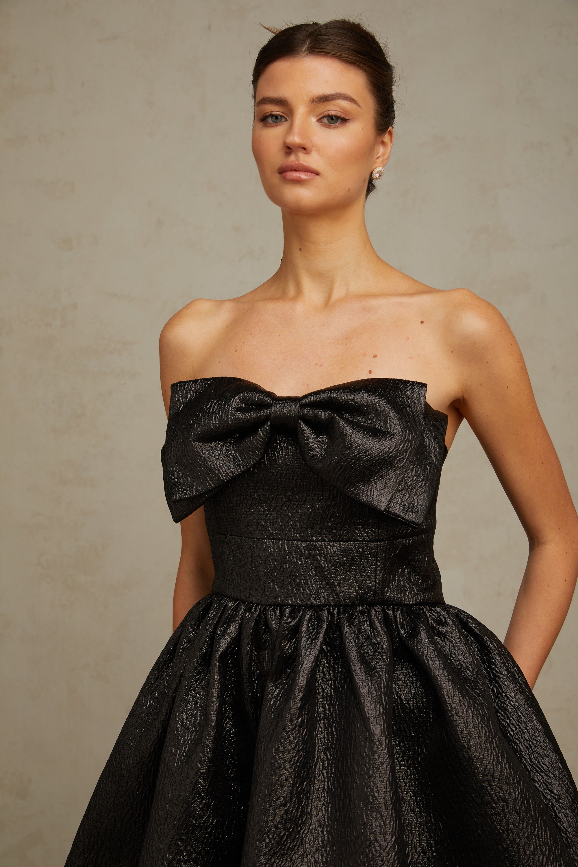 Colette black bow metallic mini dress