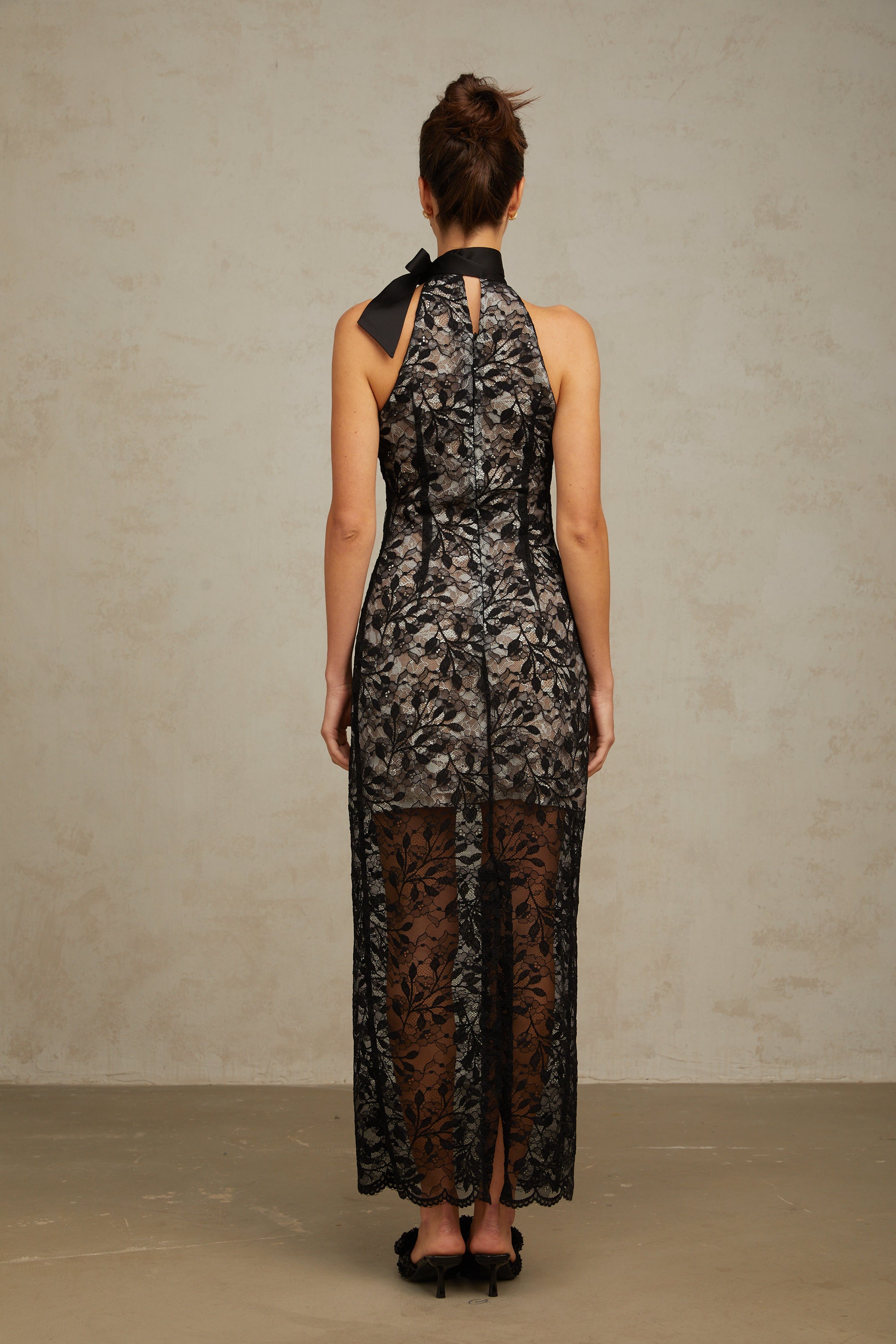 Coralie black floral-lace halterneck maxi dress