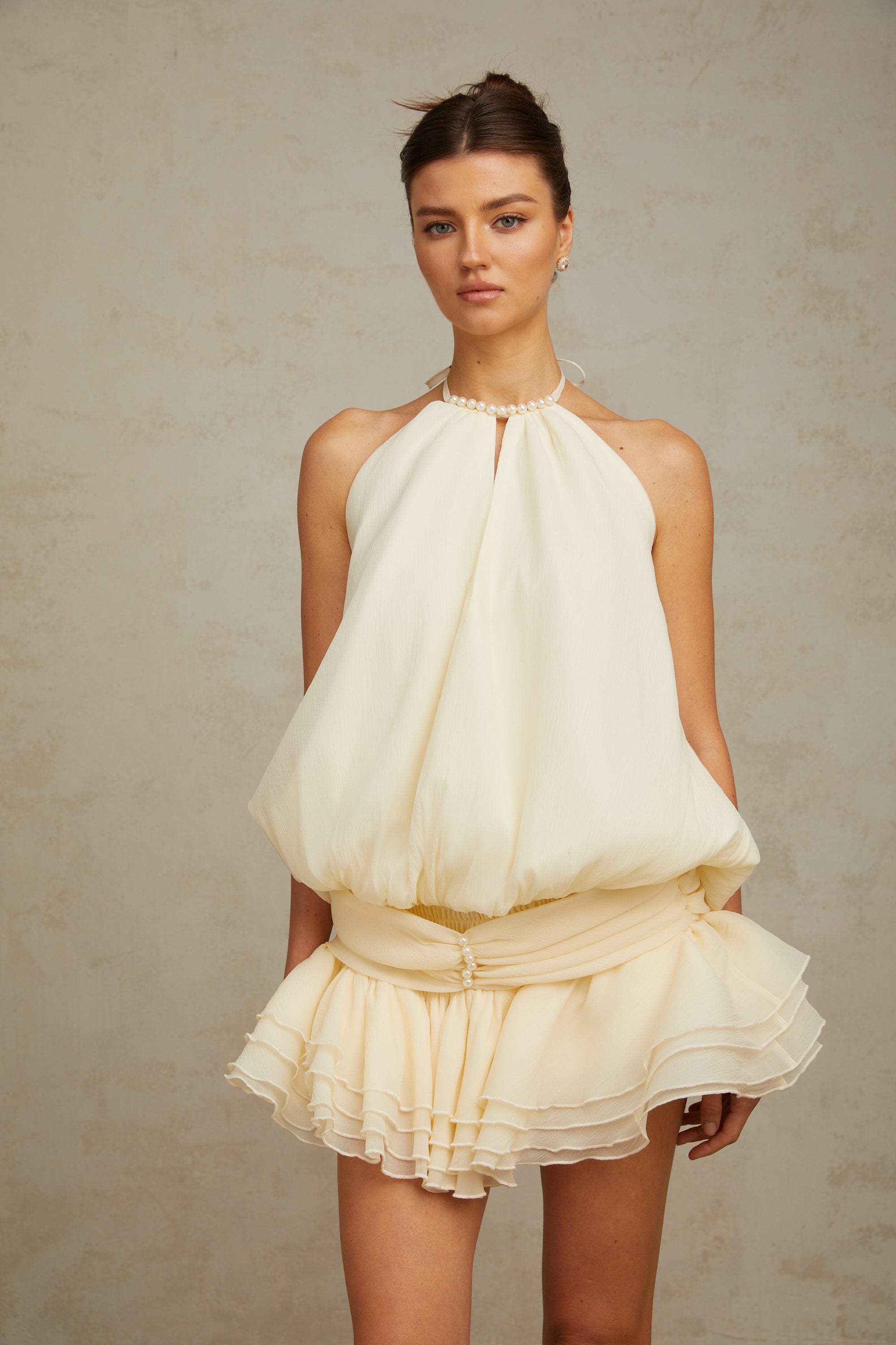 Bérénice white halterneck faux-pearl mini dress