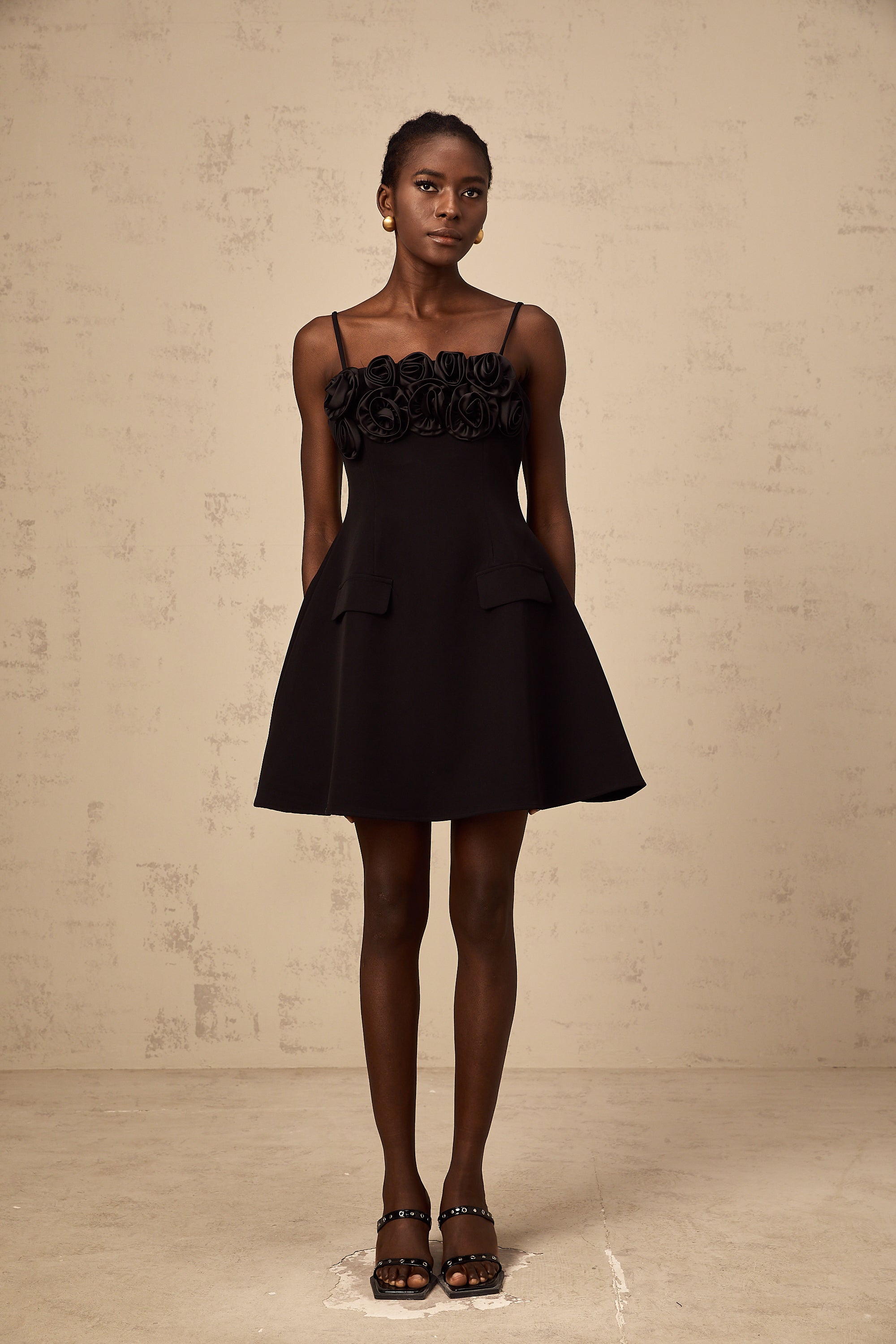 Mignon rose-appliqué flared mini dress in Black
