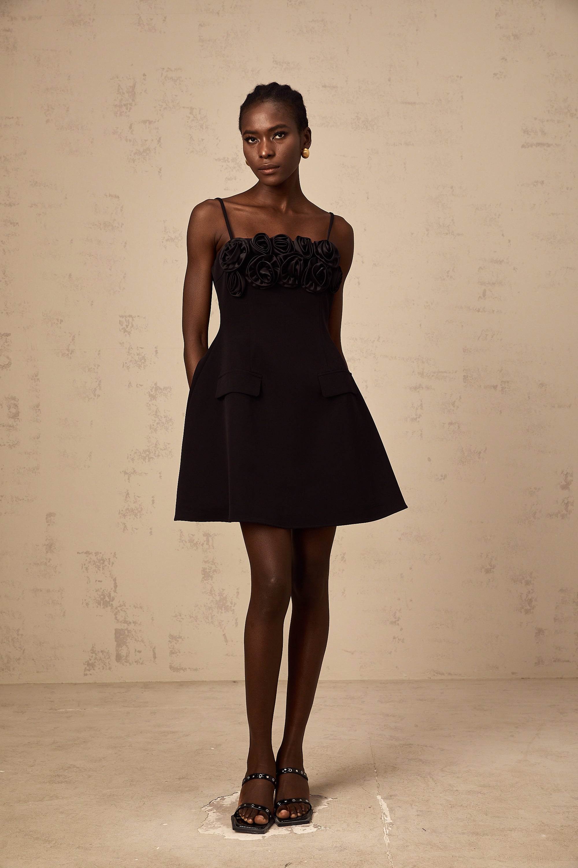 Mignon rose-appliqué flared mini dress in Black