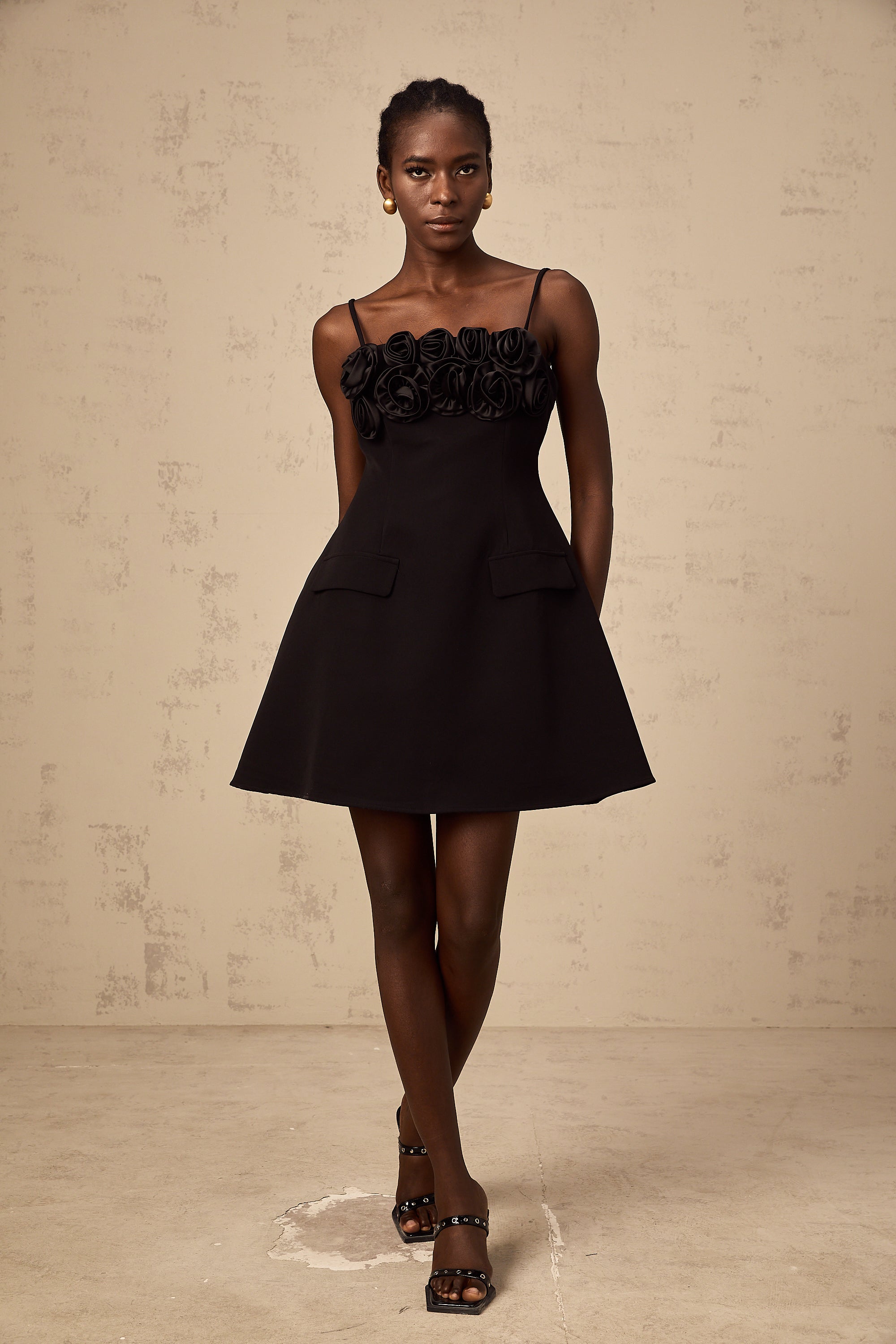 Mignon rose-appliqué flared mini dress in Black