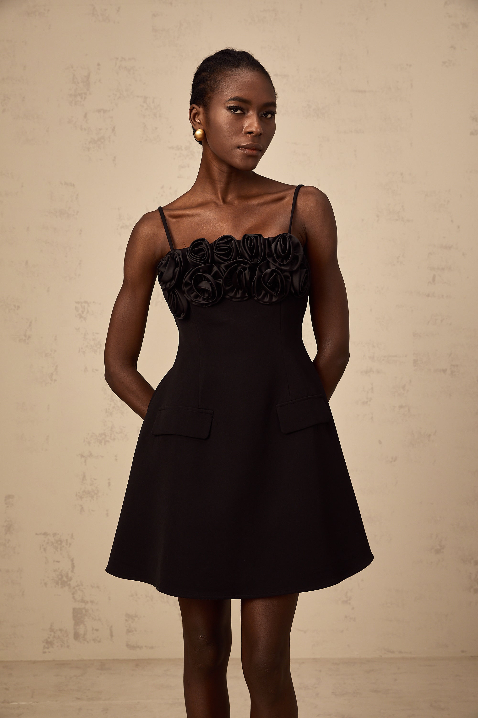 Mignon rose-appliqué flared mini dress in Black