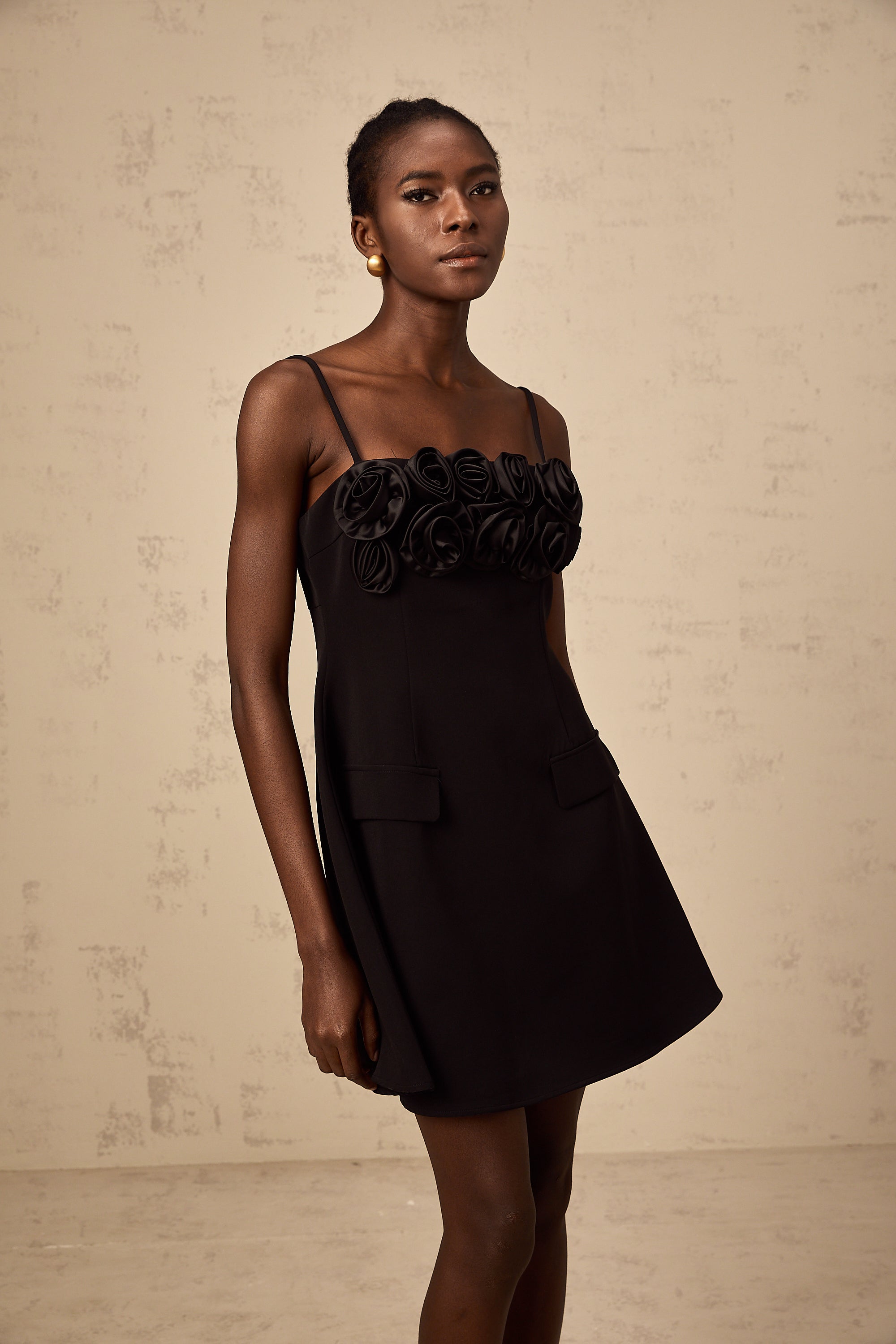 Mignon rose-appliqué flared mini dress in Black