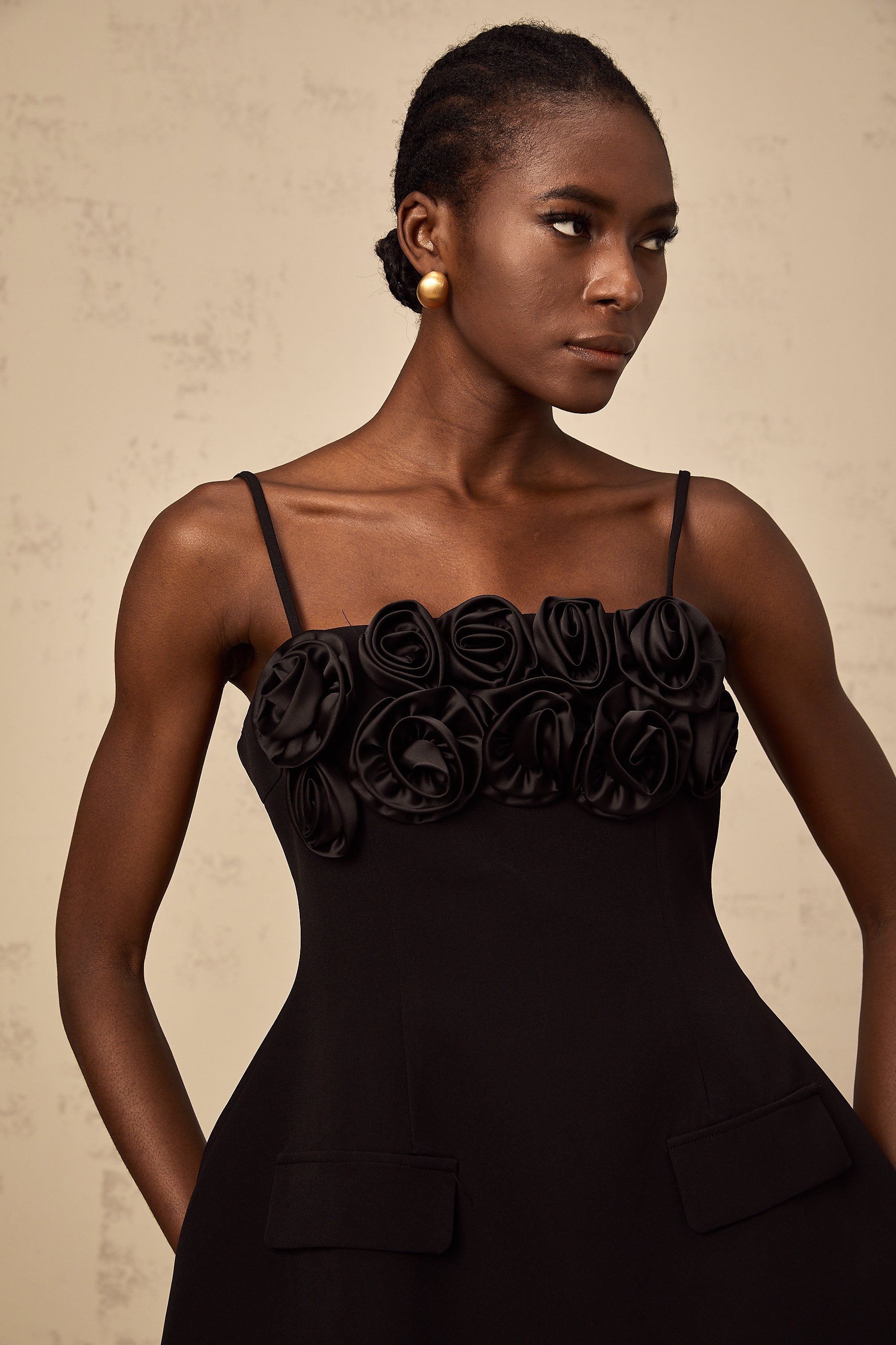 Mignon rose-appliqué flared mini dress in Black