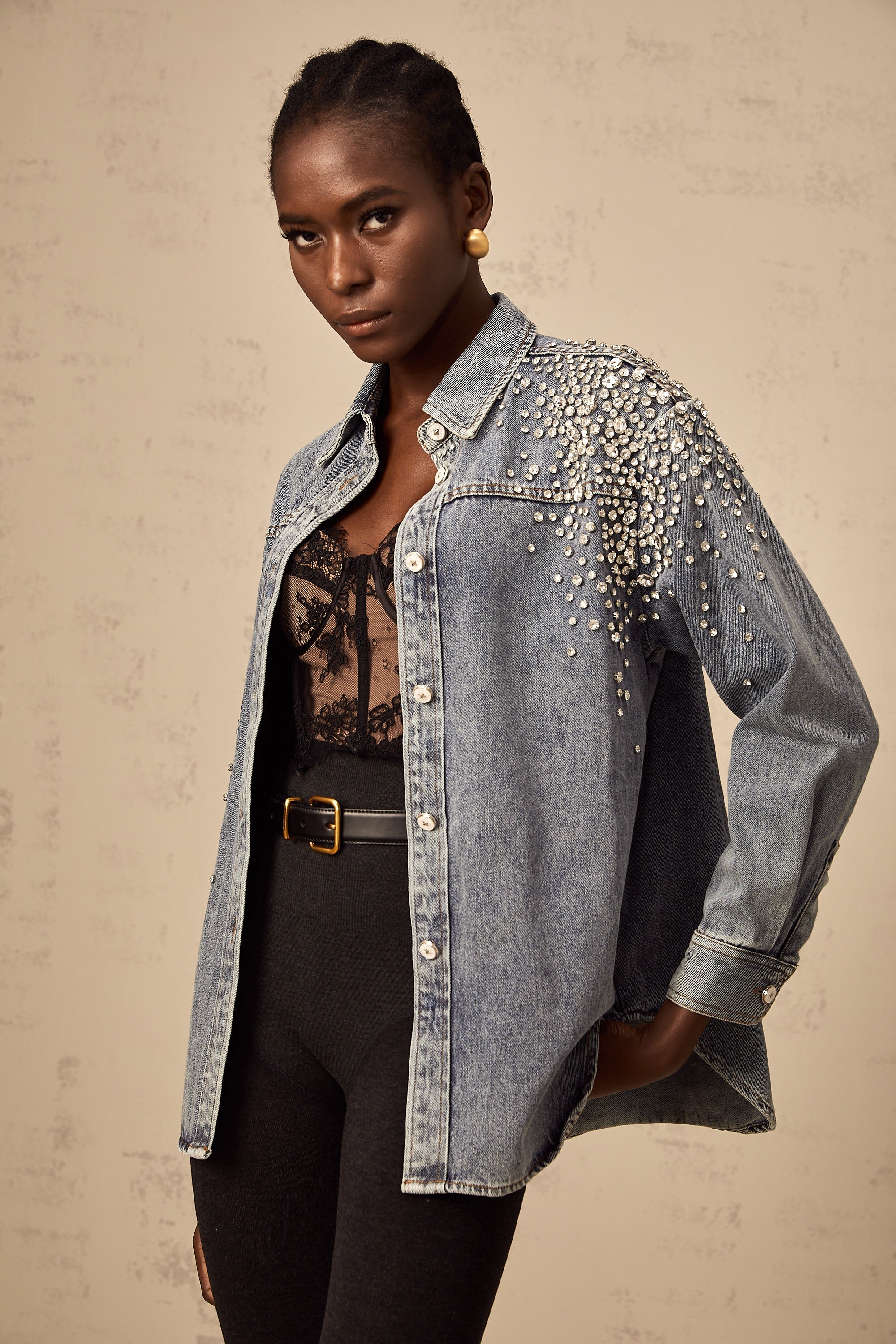 Ségolène blue rhinestone-embellished denim shirt