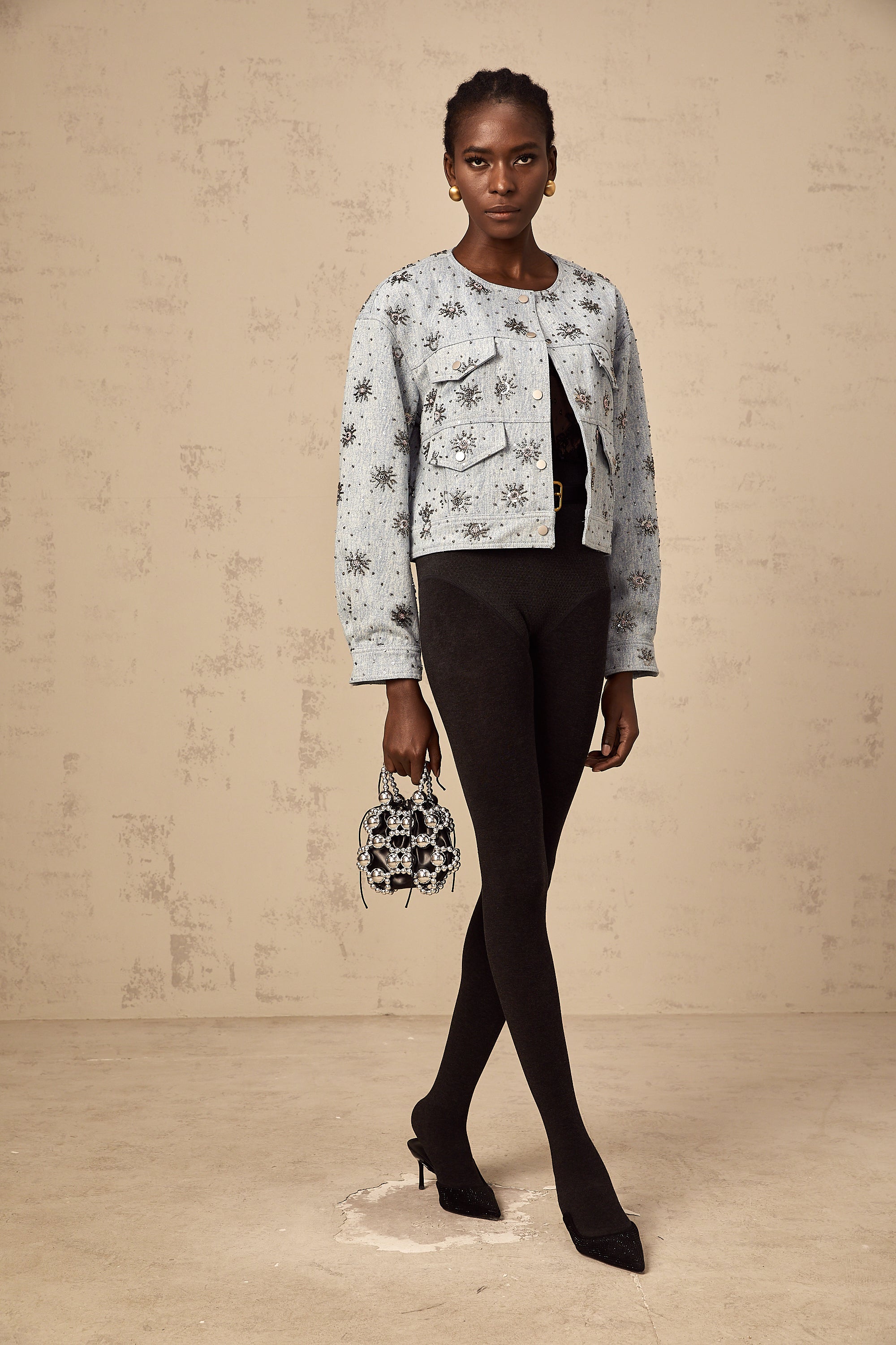 Katell blue studded sun-motif denim jacket