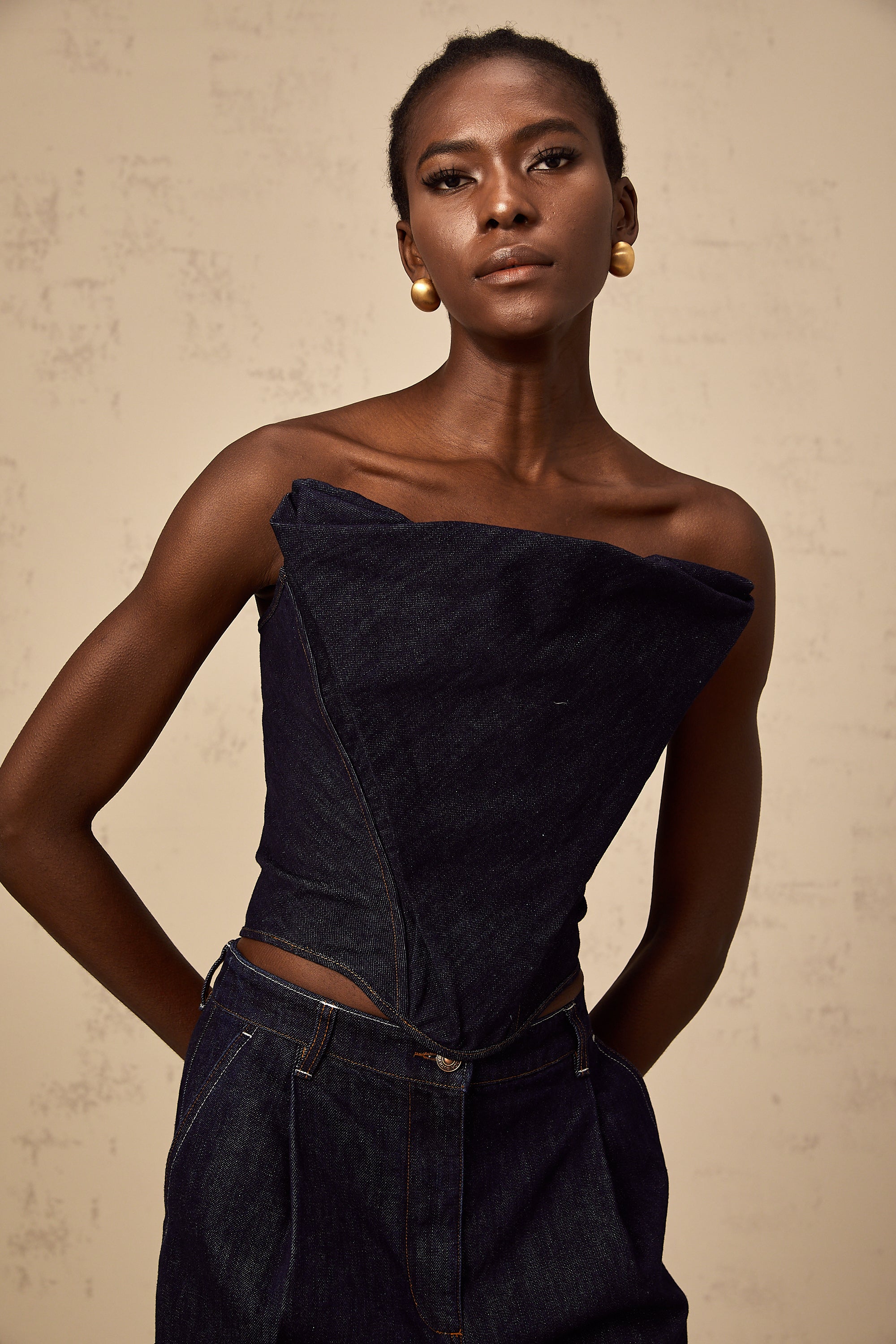 Kléber dark-blue off-shoulder denim top