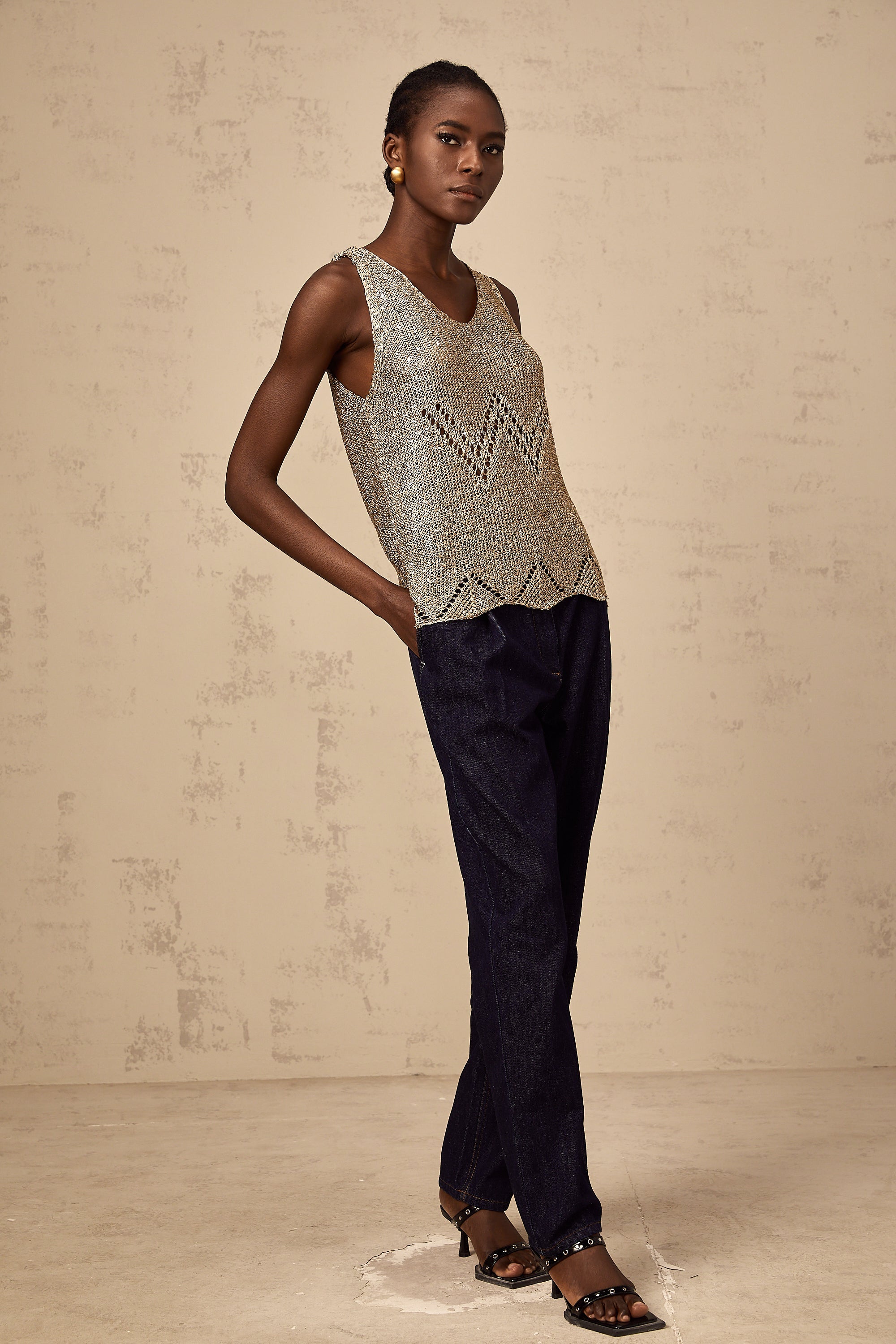 Cyrine gold sequined crochet vest top (Final Sale-US Only)