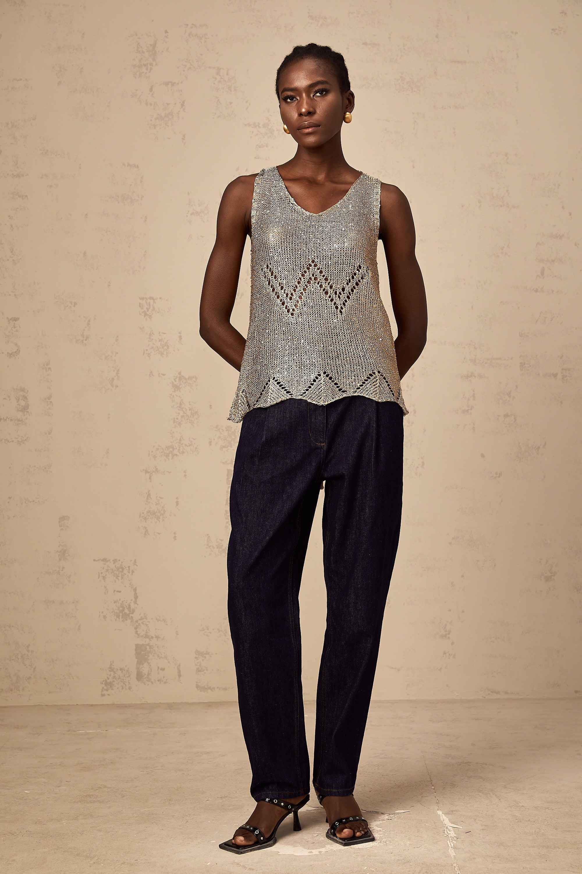 Cyrine gold sequined crochet vest top