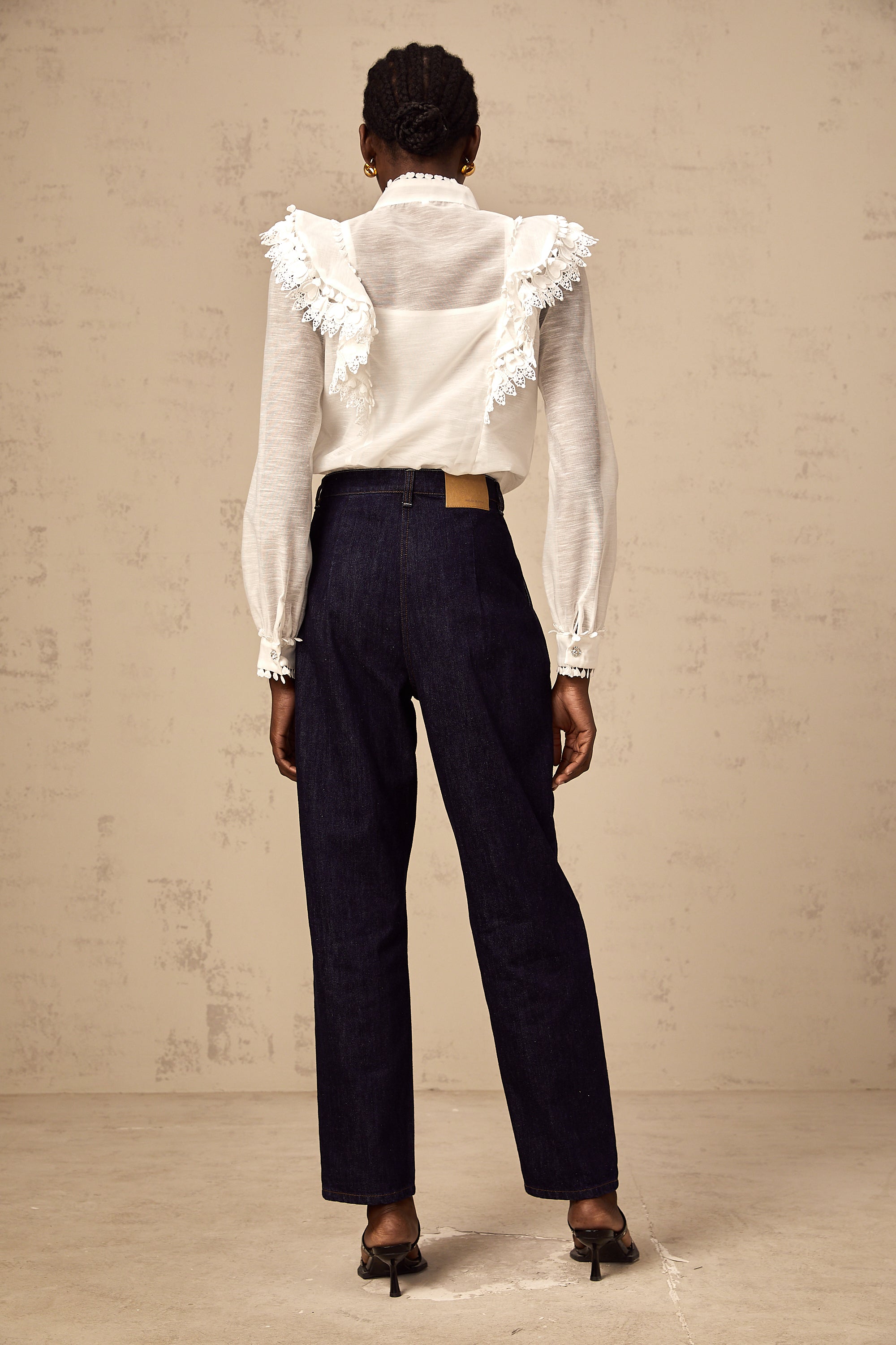 Capucine white lace-trim semi-sheer shirt