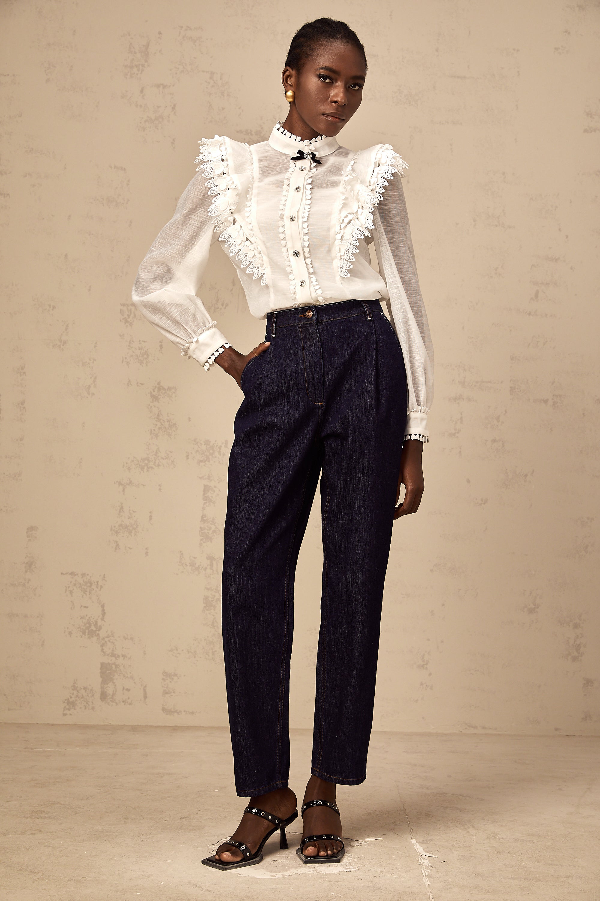 Capucine white lace-trim semi-sheer shirt