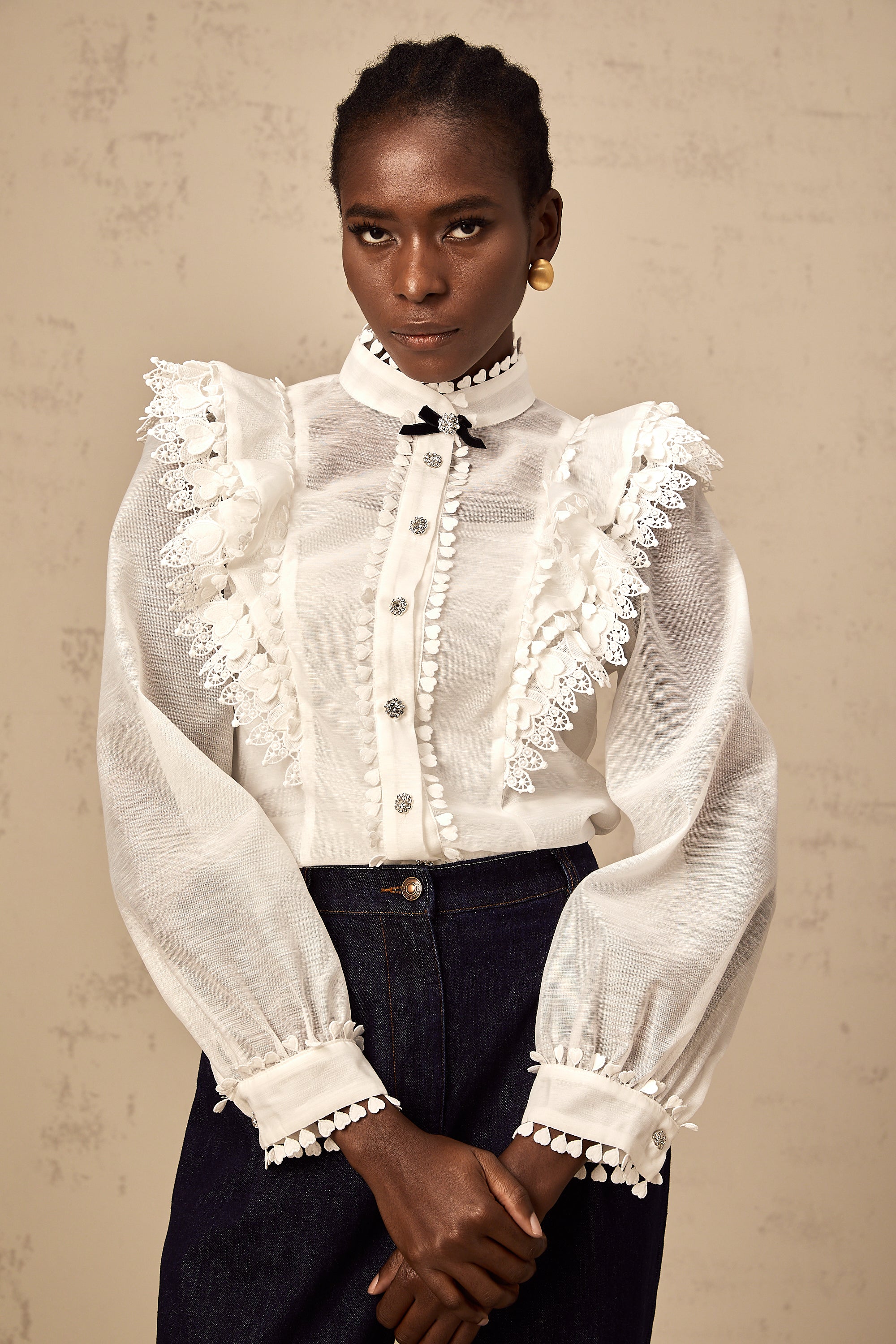 Capucine white lace-trim semi-sheer shirt