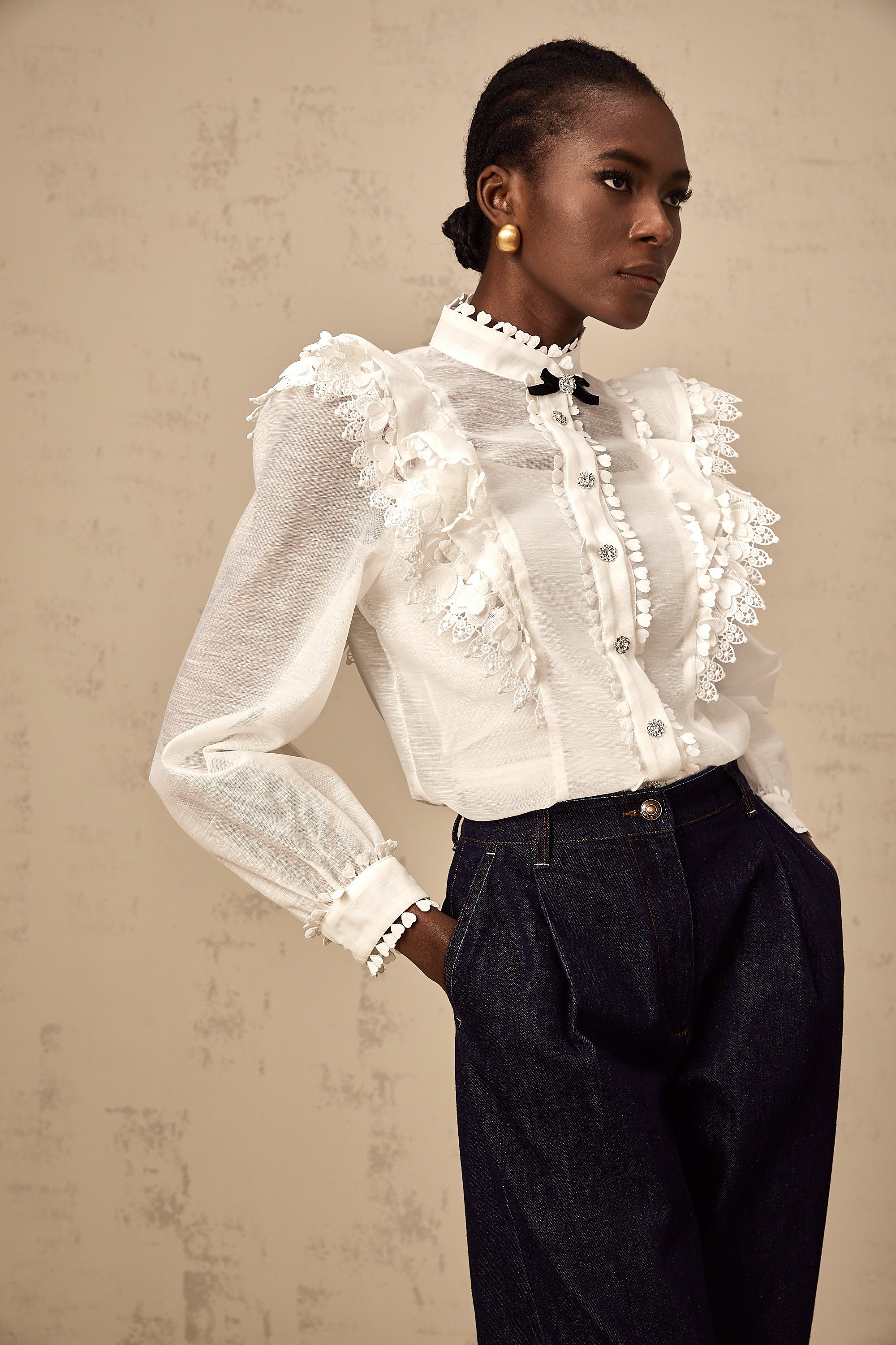 Capucine white lace-trim semi-sheer shirt