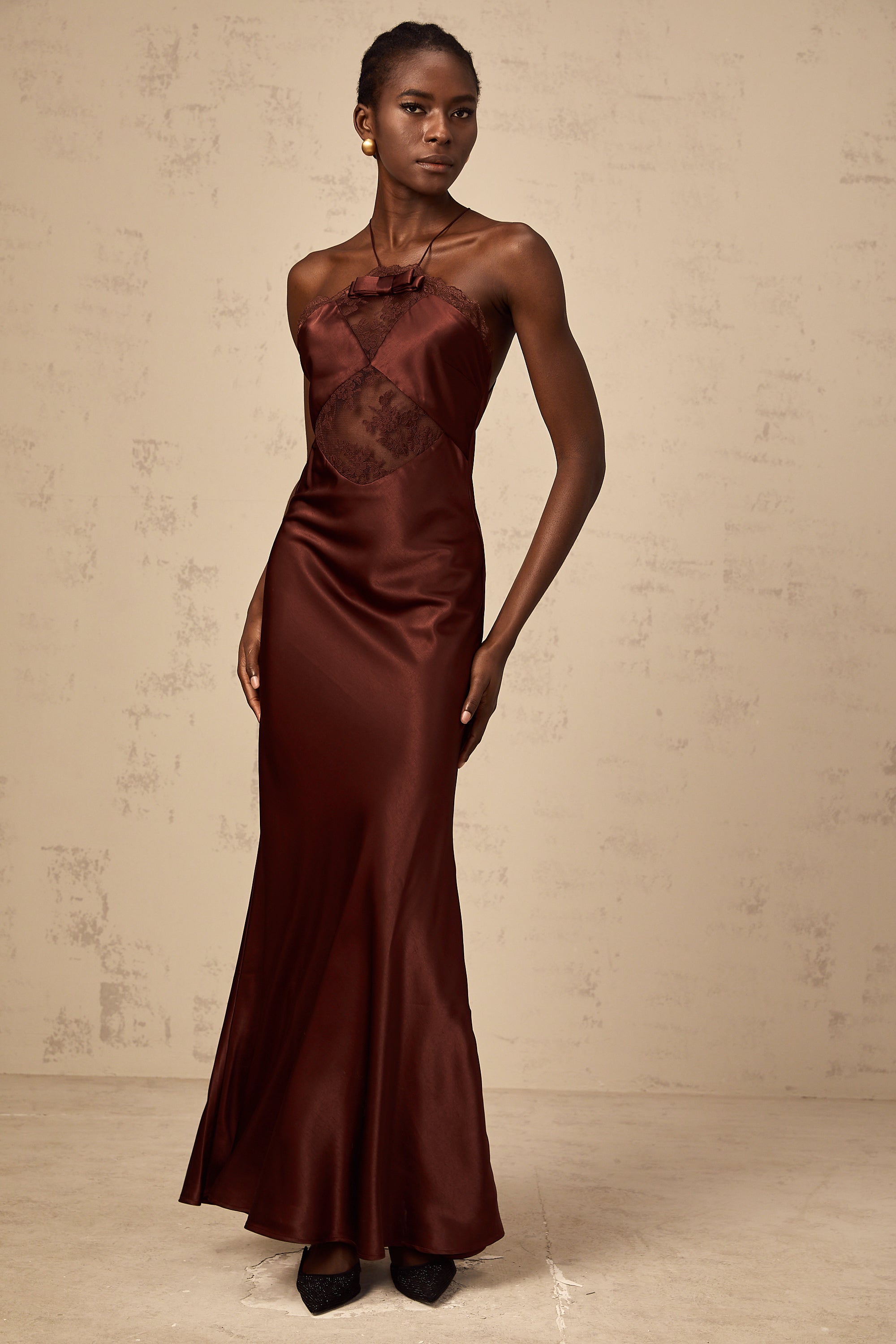Eléonore wine-red lace-panelling satin maxi dress