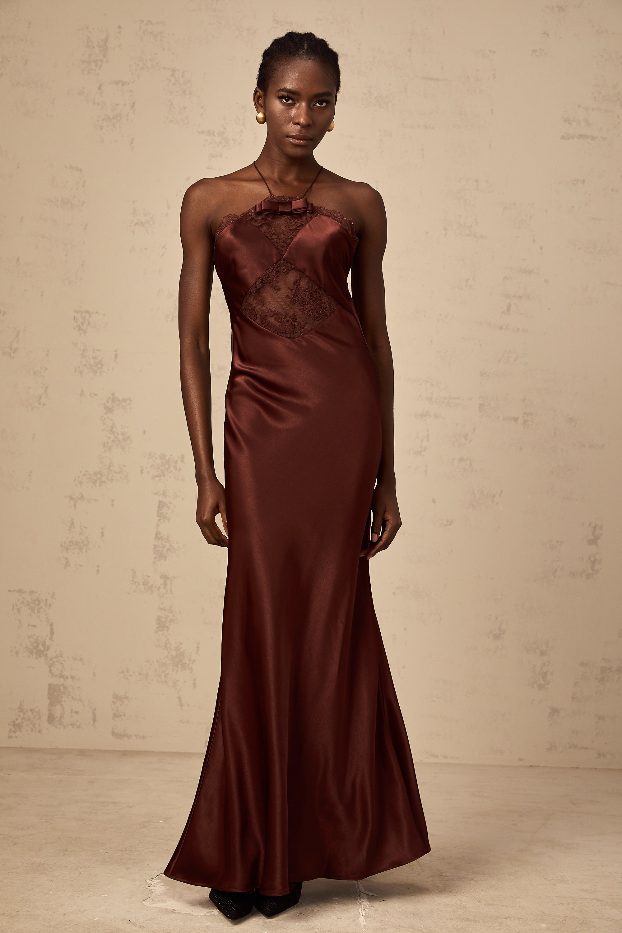 Eléonore wine-red lace-panelling satin maxi dress