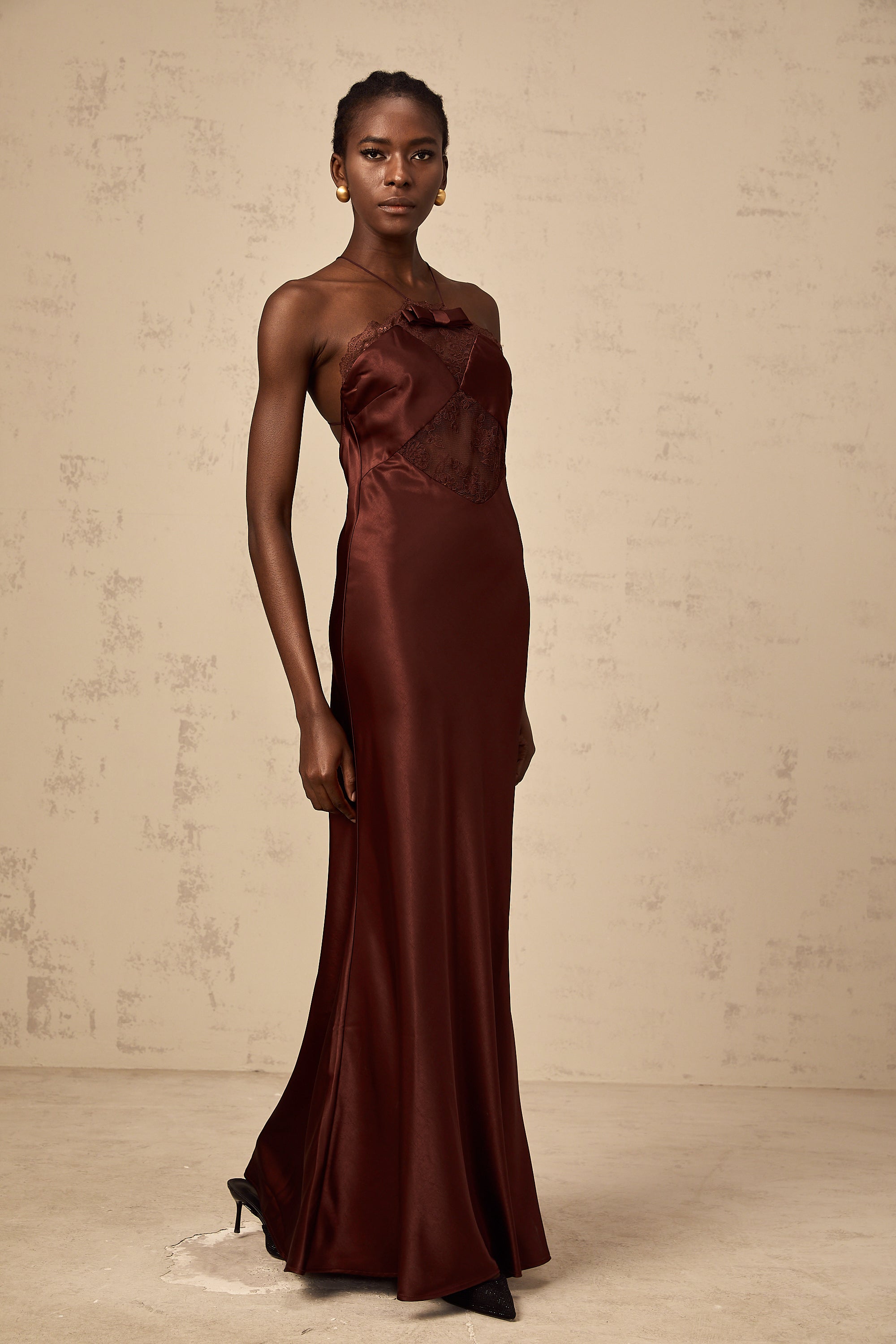 Eléonore wine-red lace-panelling satin maxi dress