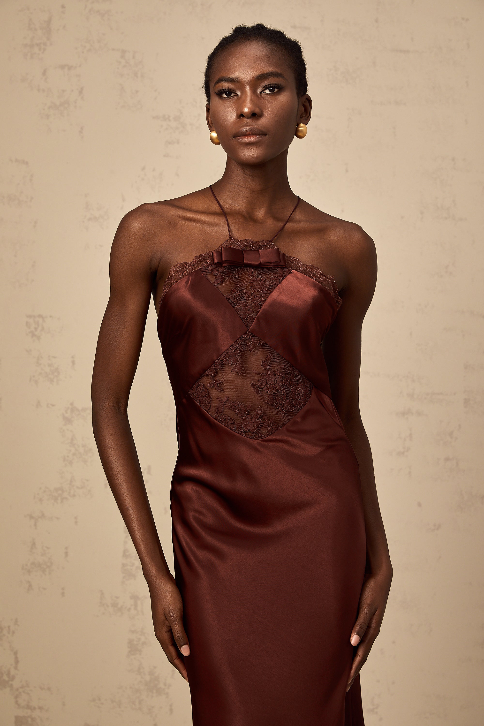 Eléonore wine-red lace-panelling satin maxi dress