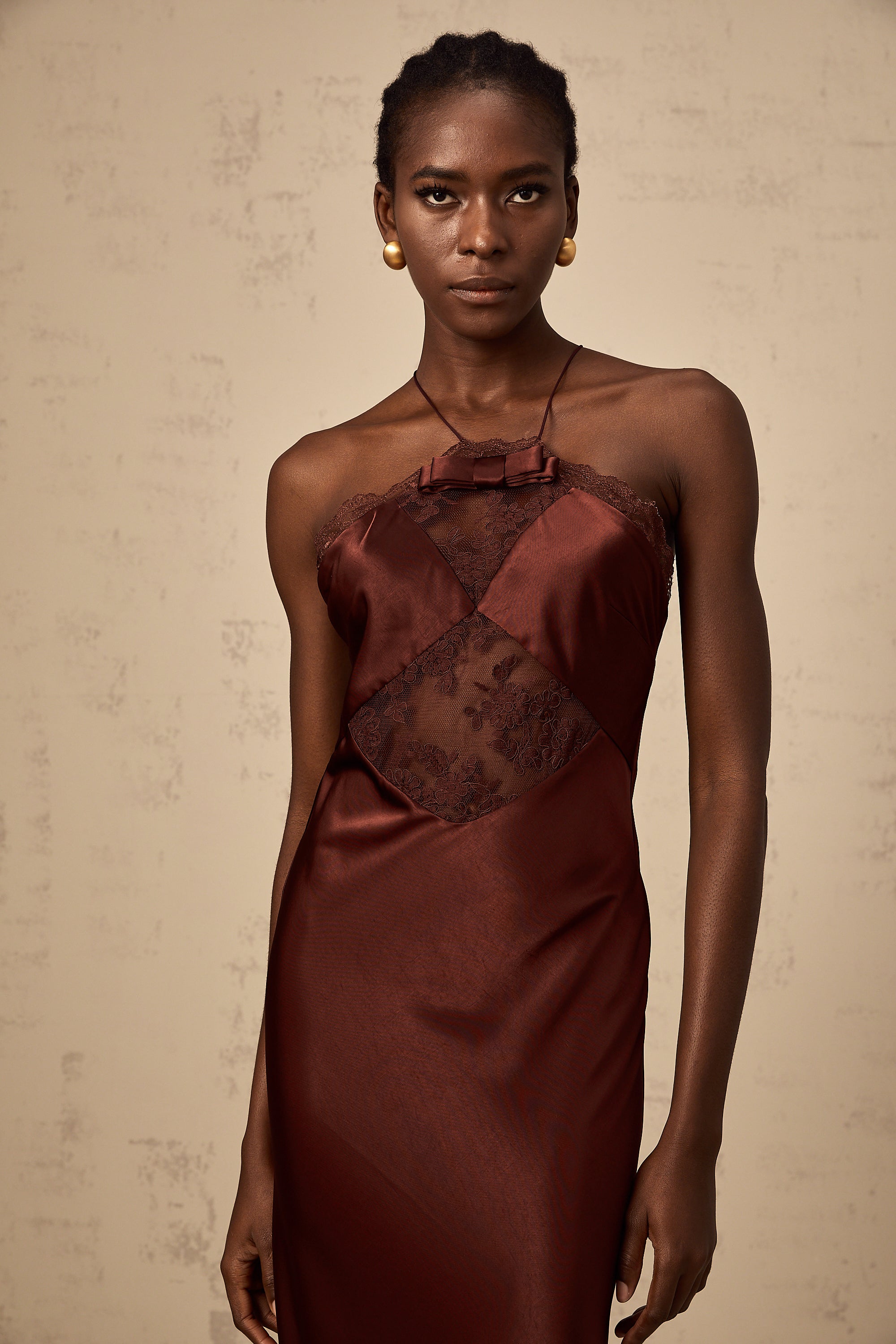 Eléonore wine-red lace-panelling satin maxi dress