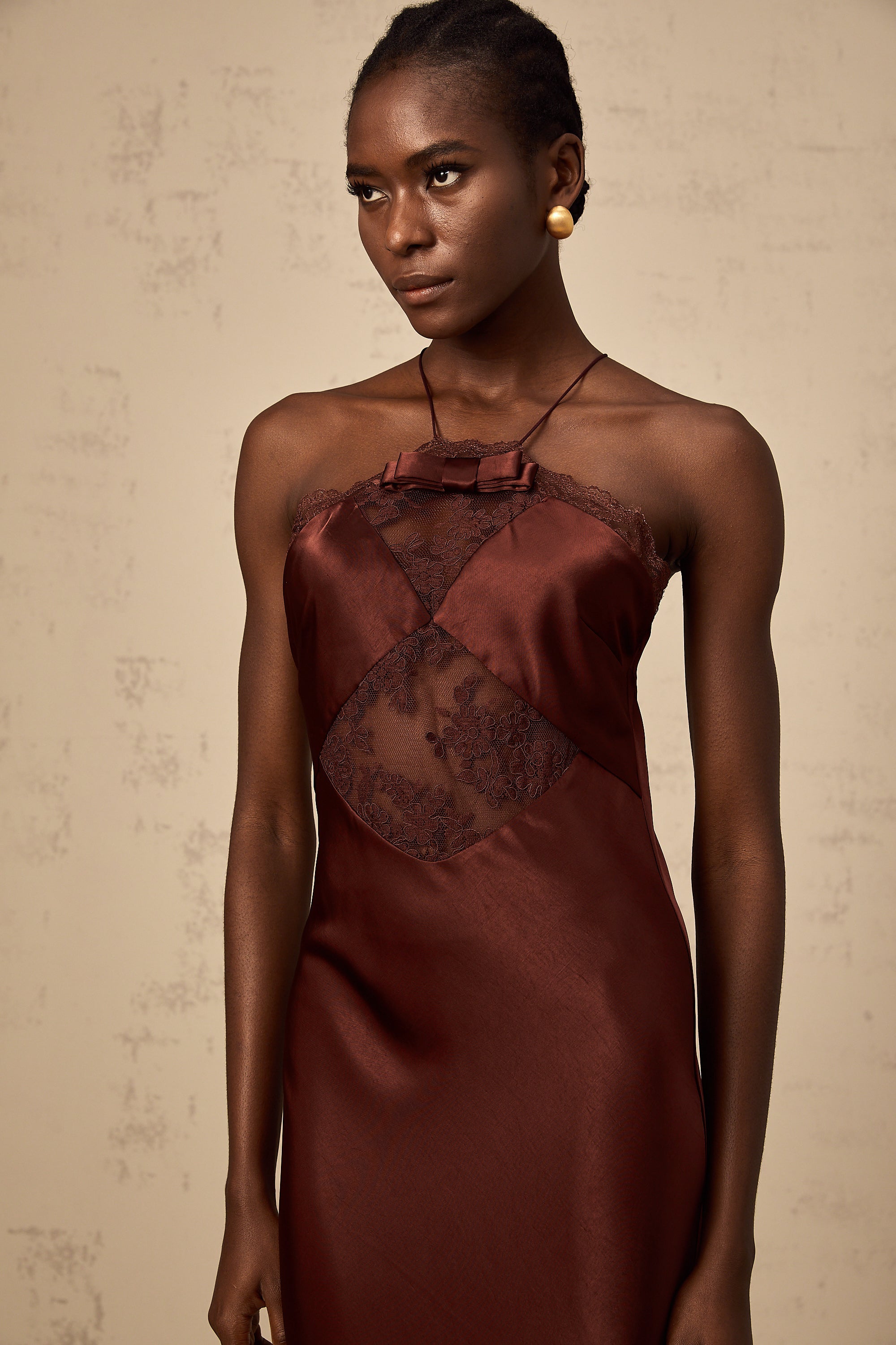 Eléonore wine-red lace-panelling satin maxi dress