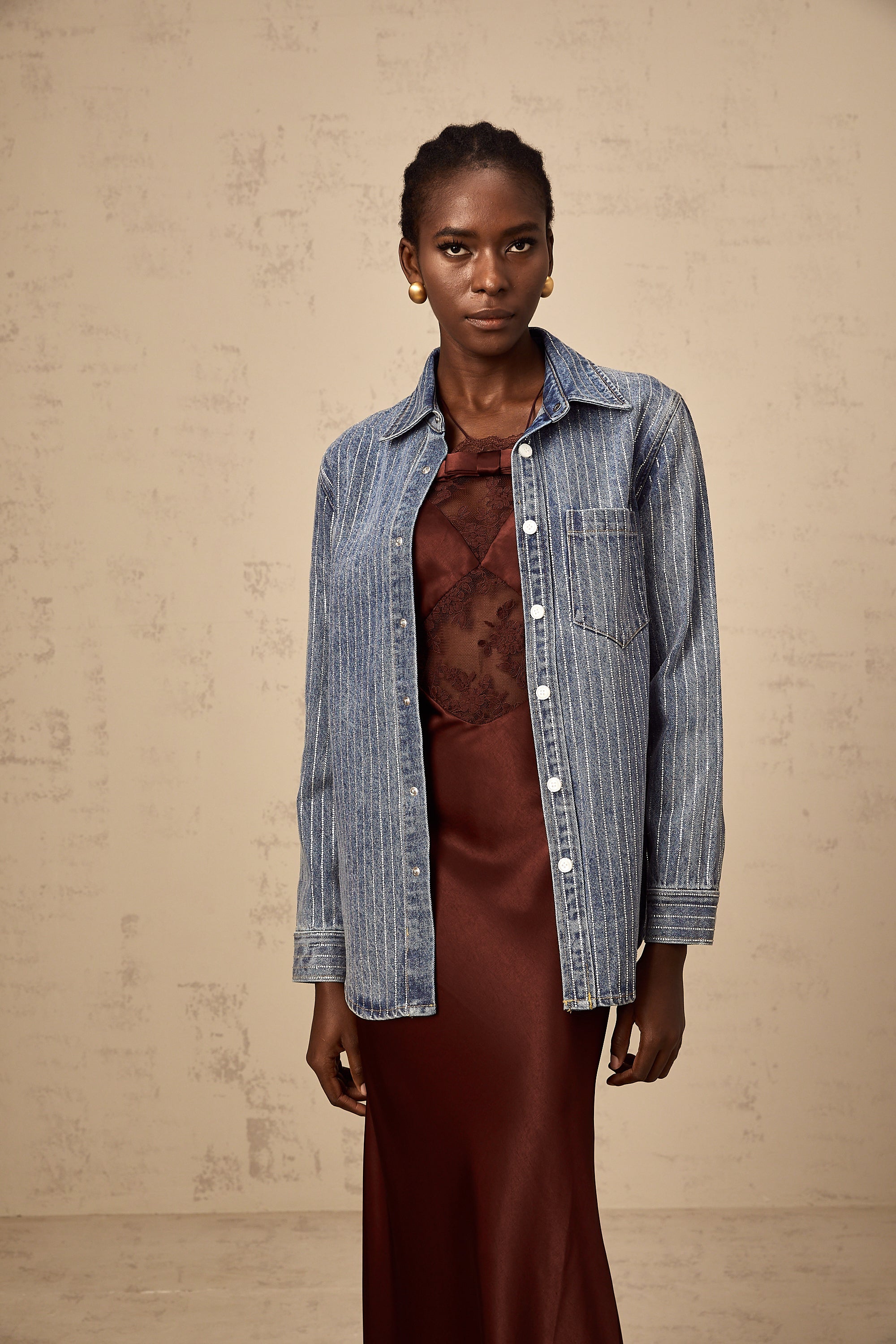 Joséphine blue embellished vertical-stripe denim shirt