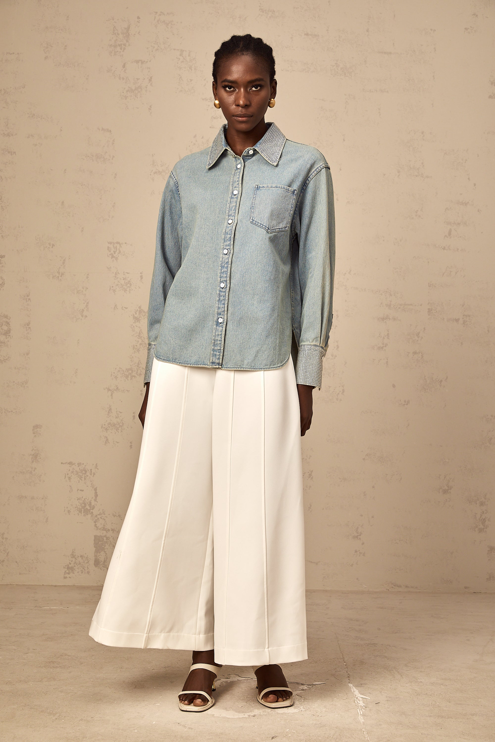 Flavie blue rhinestone-embellished denim shirt