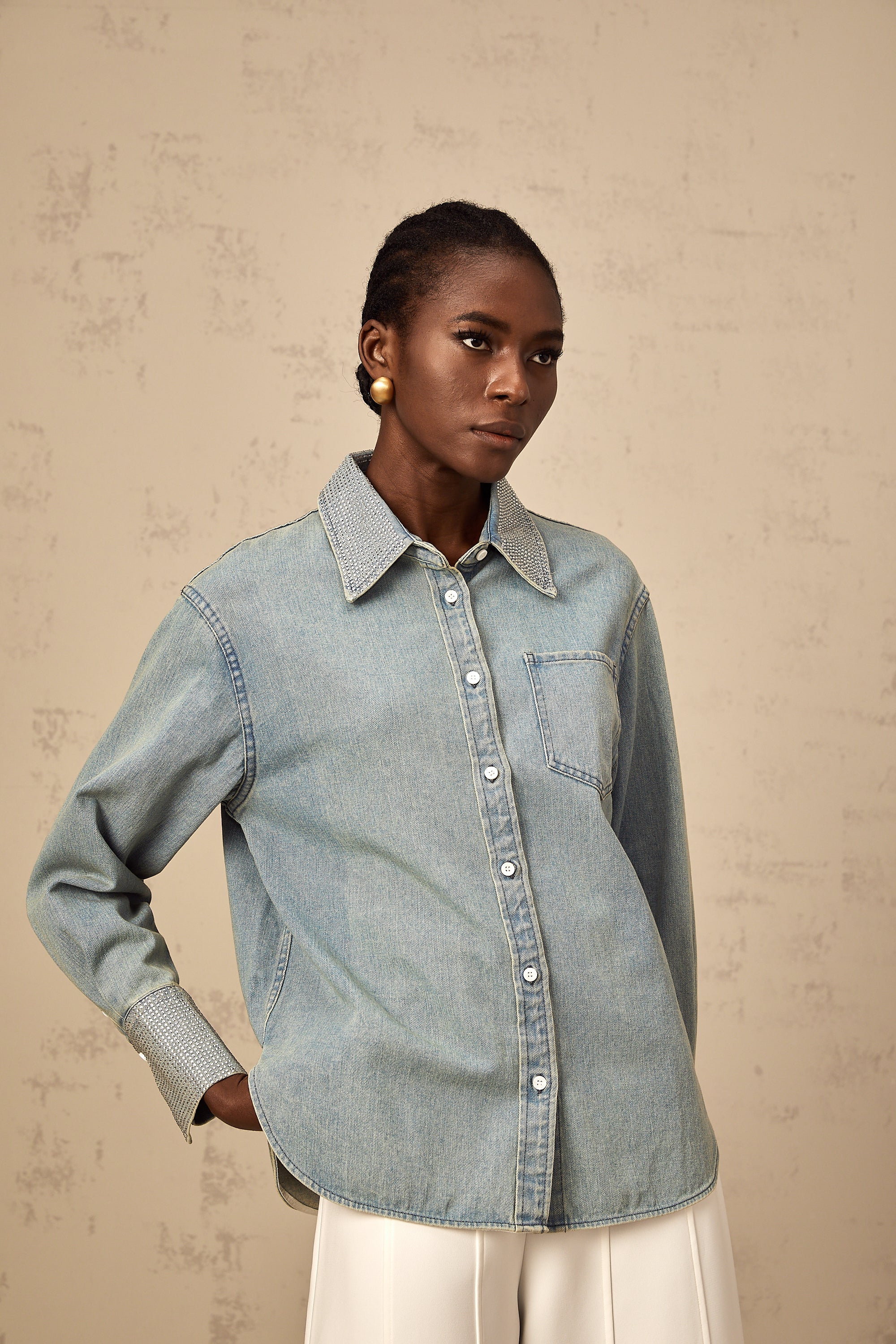 Flavie blue rhinestone-embellished denim shirt