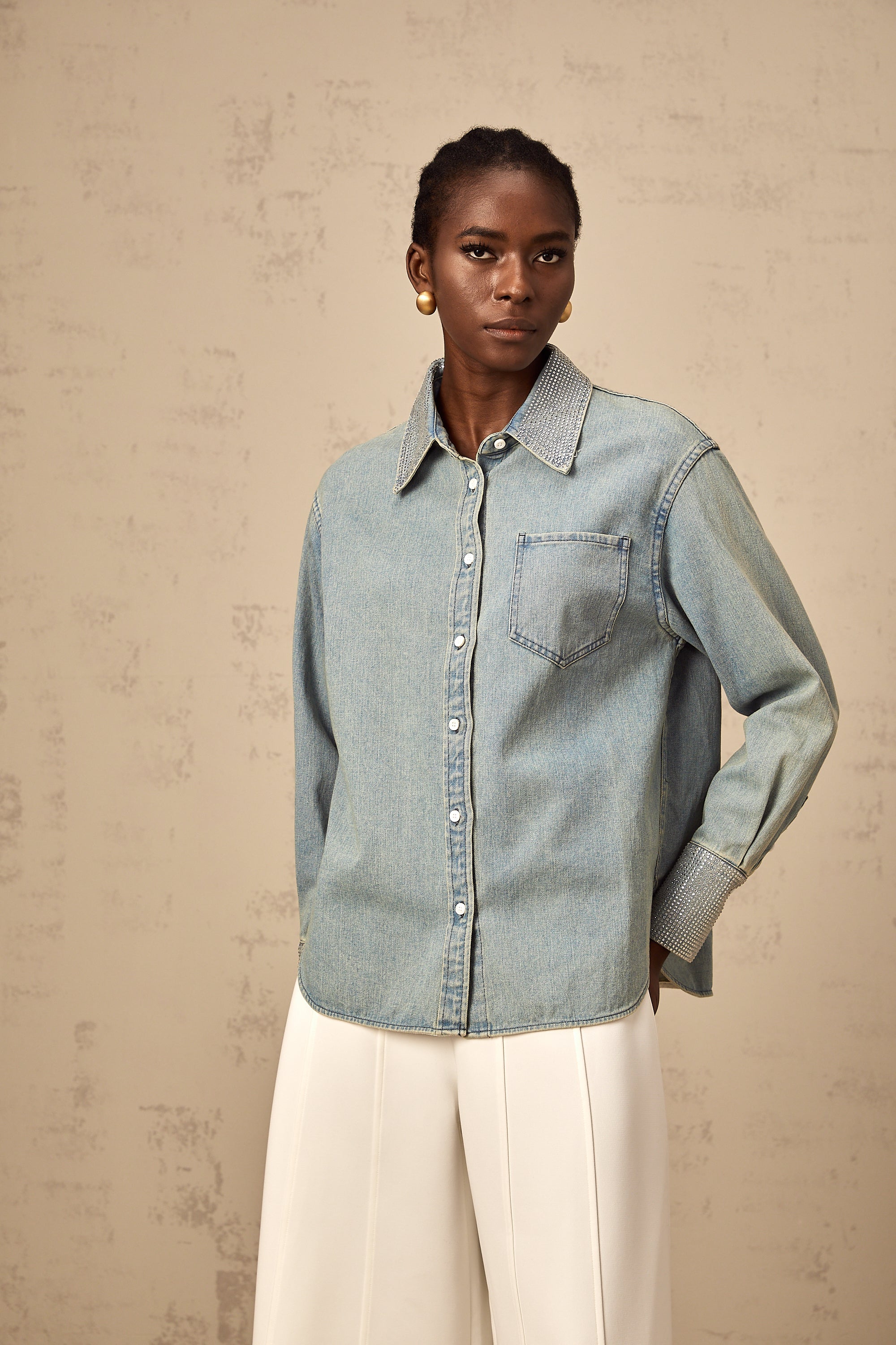 Flavie blue rhinestone-embellished denim shirt