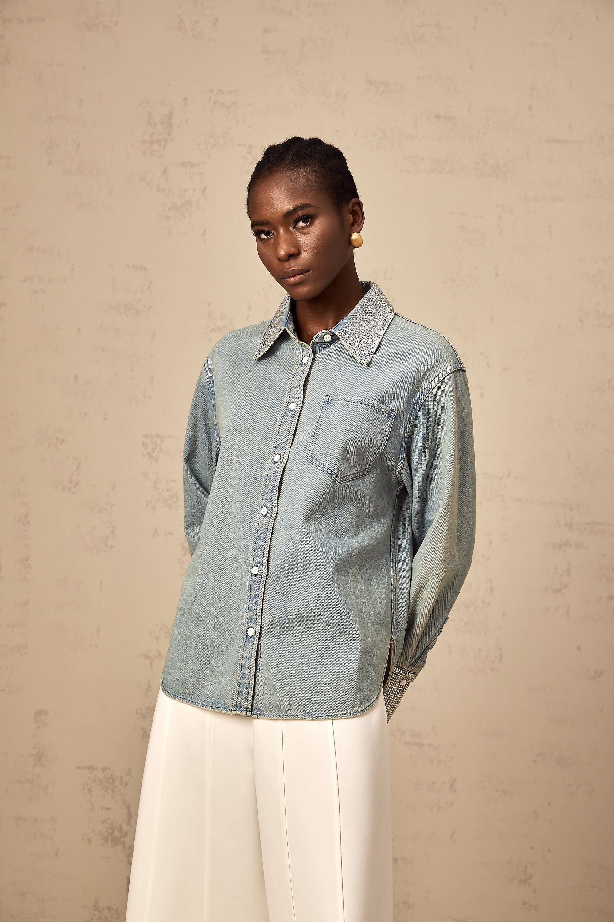 Flavie blue rhinestone-embellished denim shirt