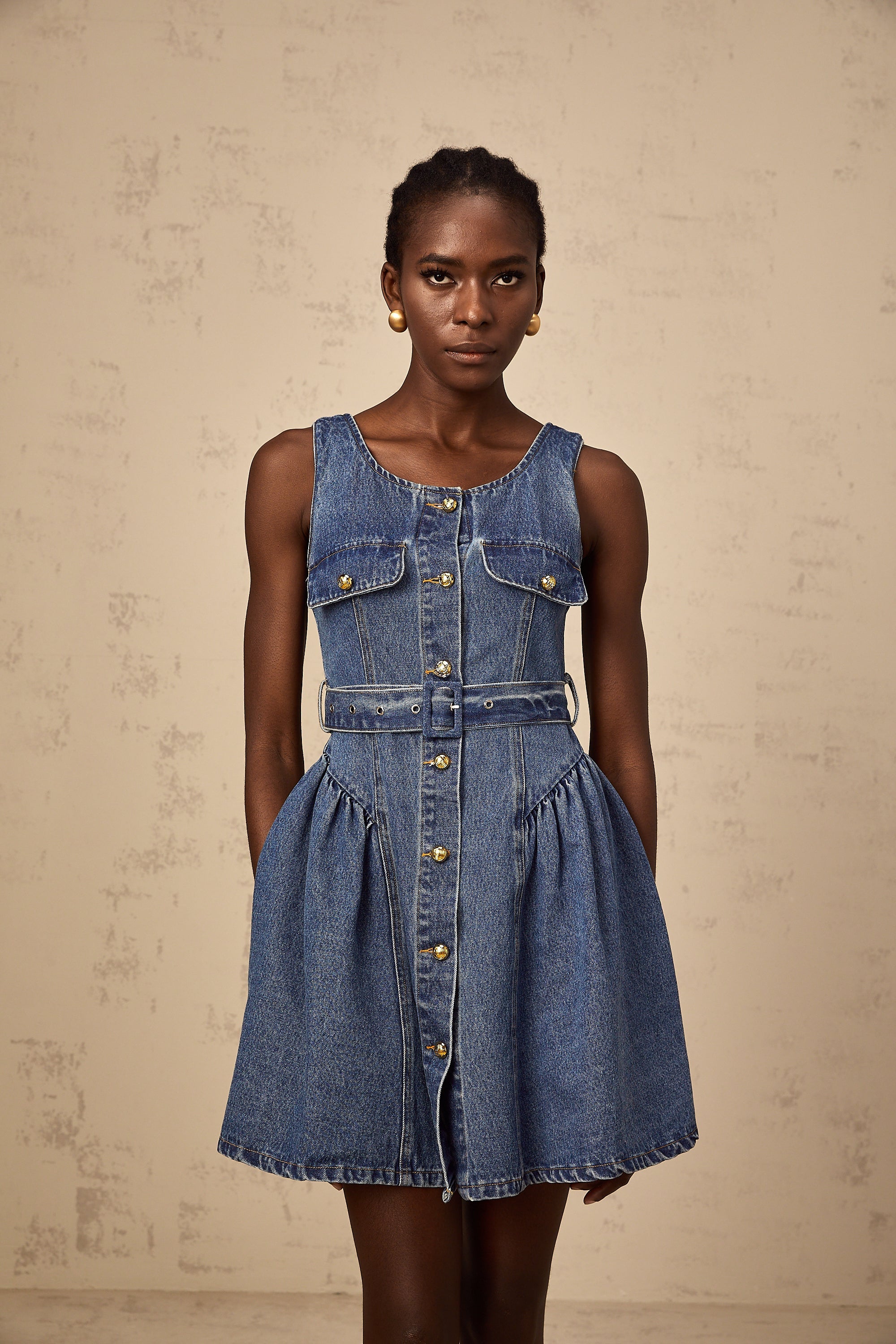 Vérane blue belted denim mini dress