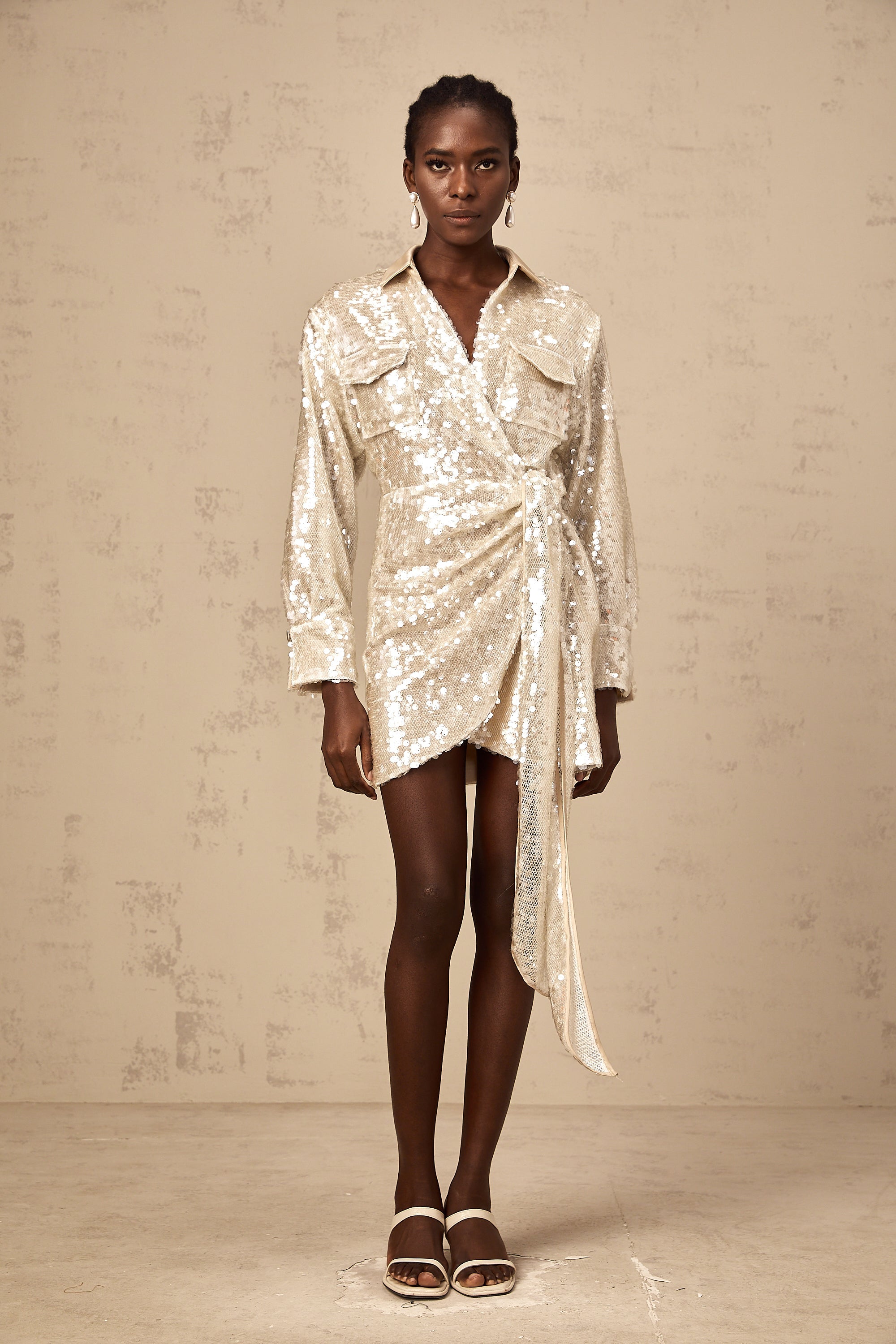 Aurore wrap-design sequined mini shirt dress