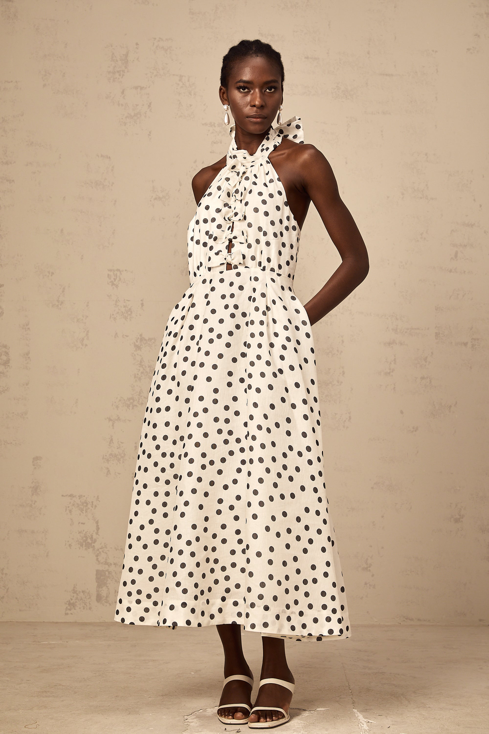 Audrey white bowknot polka-dot midi dress