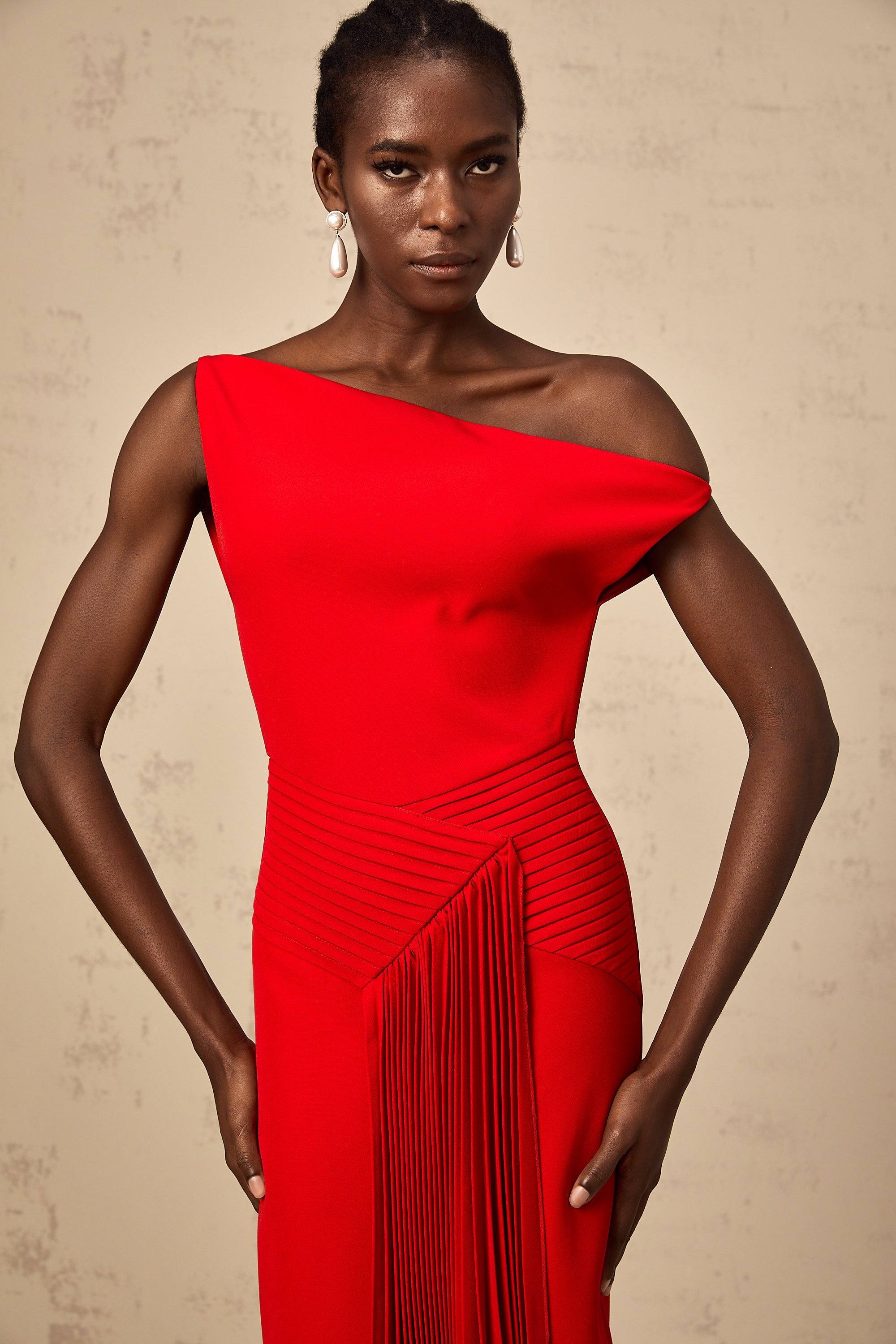 Laurine asymmetrical draped midi dress in Red