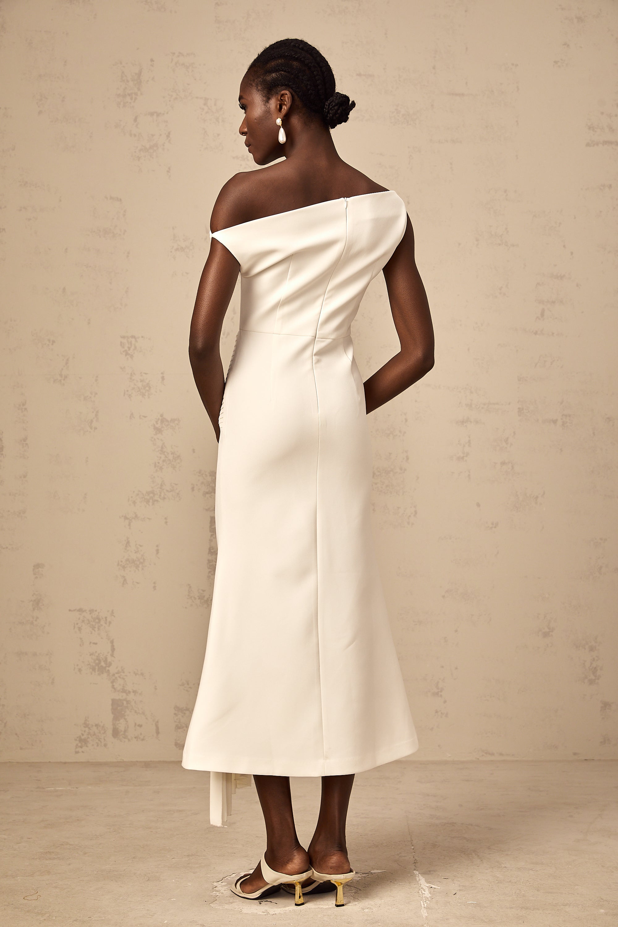 Laurine asymmetrical draped midi dress in White