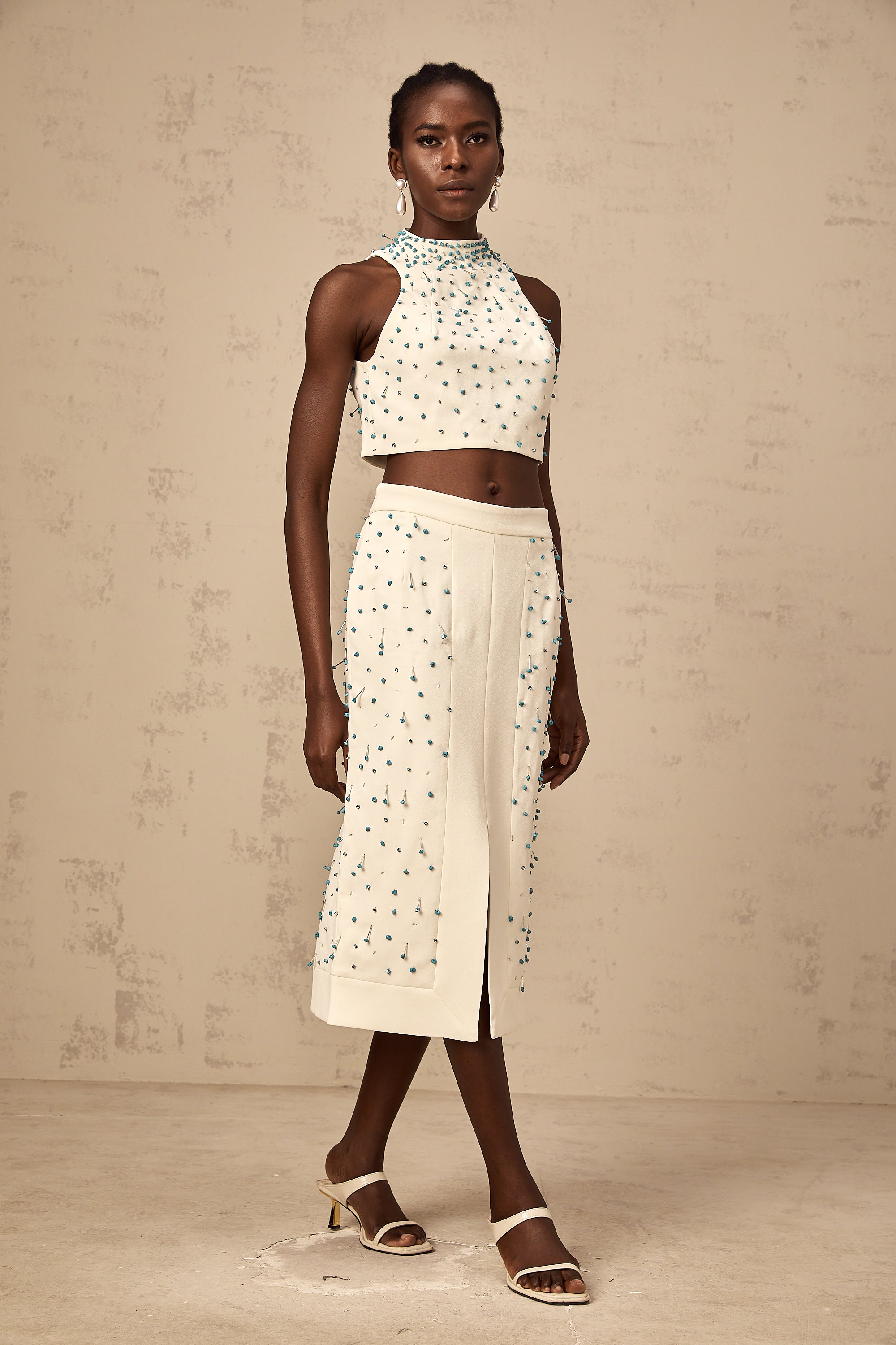 Clothilde off-white embellished top & skirt matching set