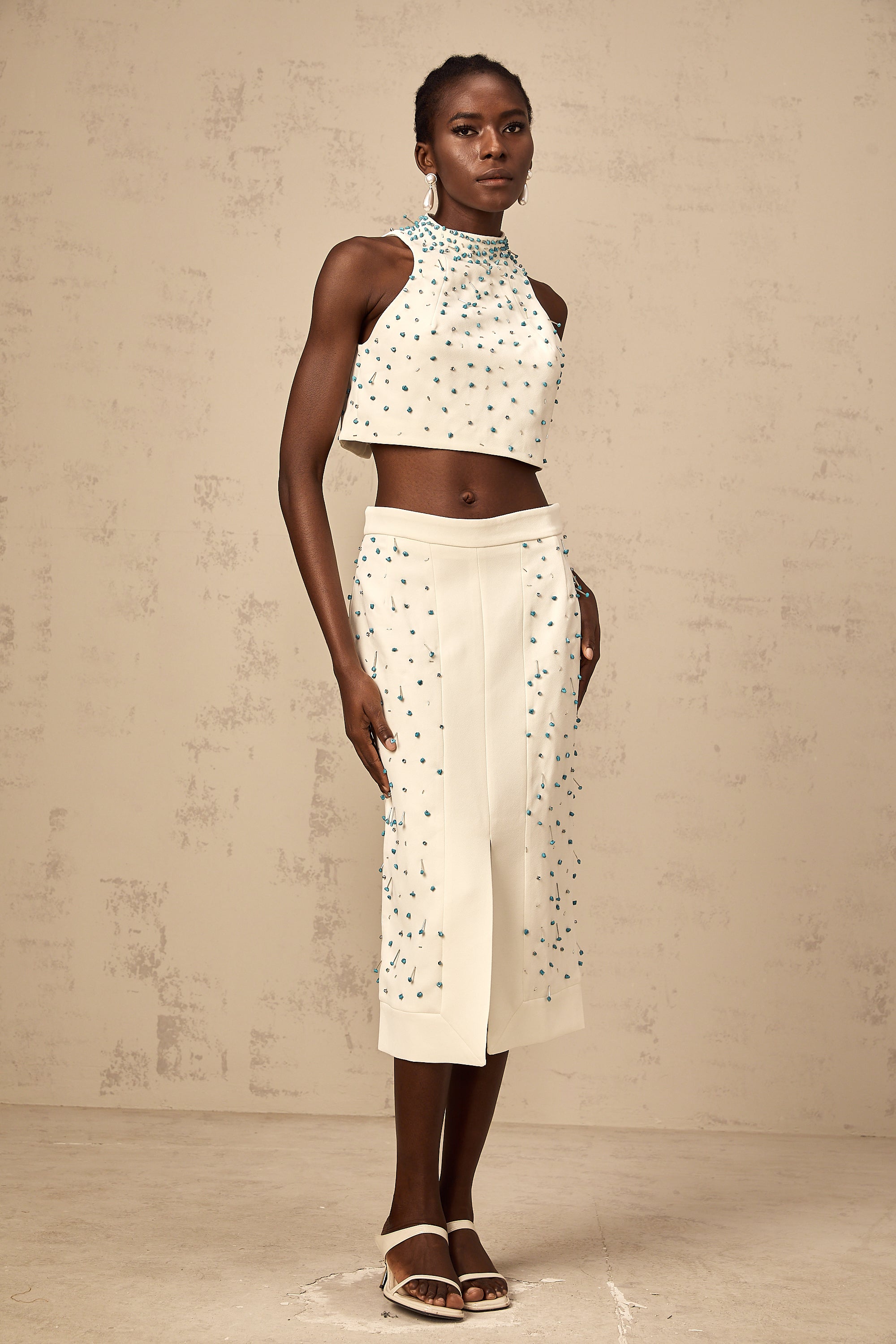 Clothilde off-white embellished top & skirt matching set