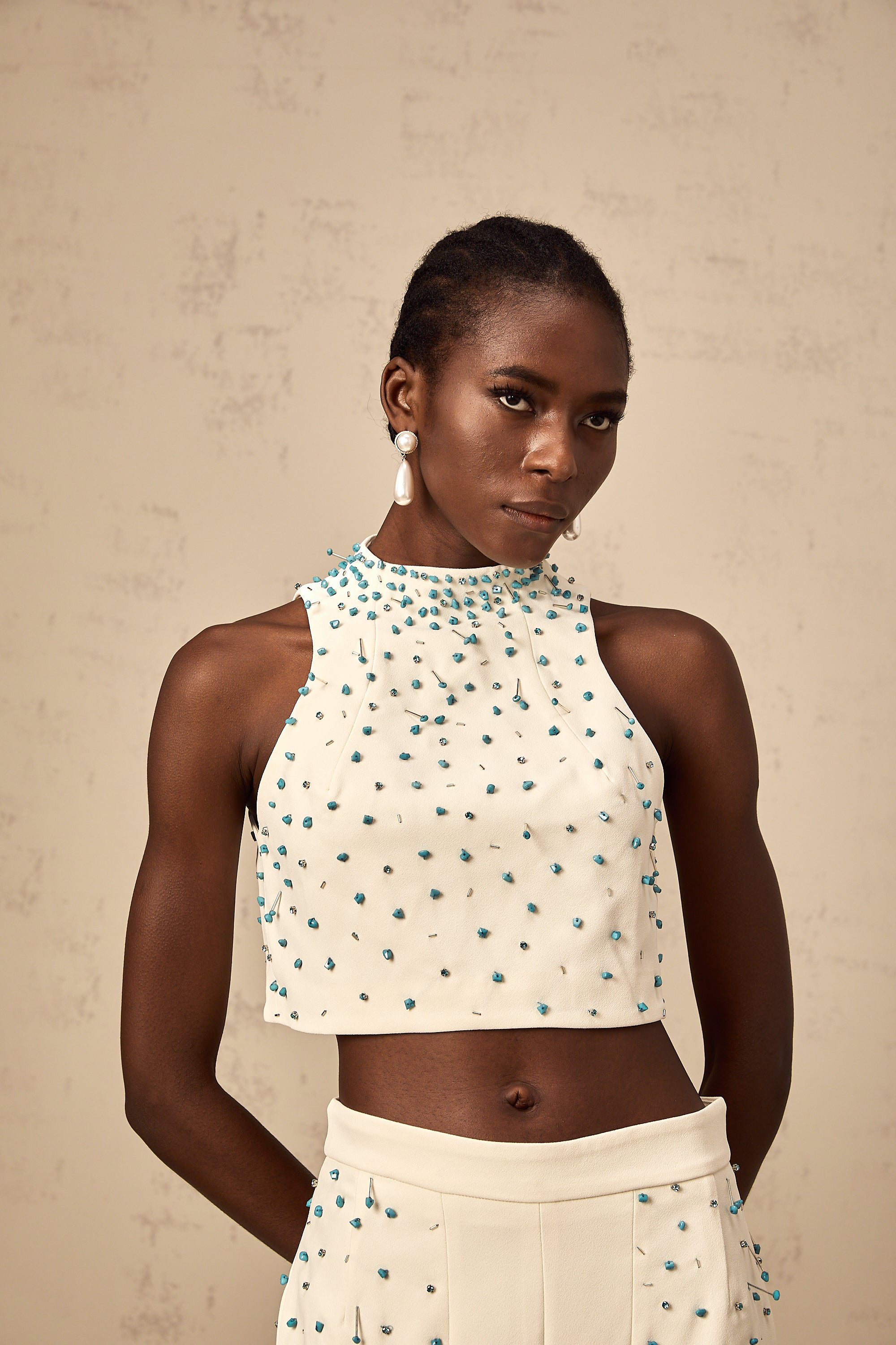 Clothilde off-white embellished top & skirt matching set
