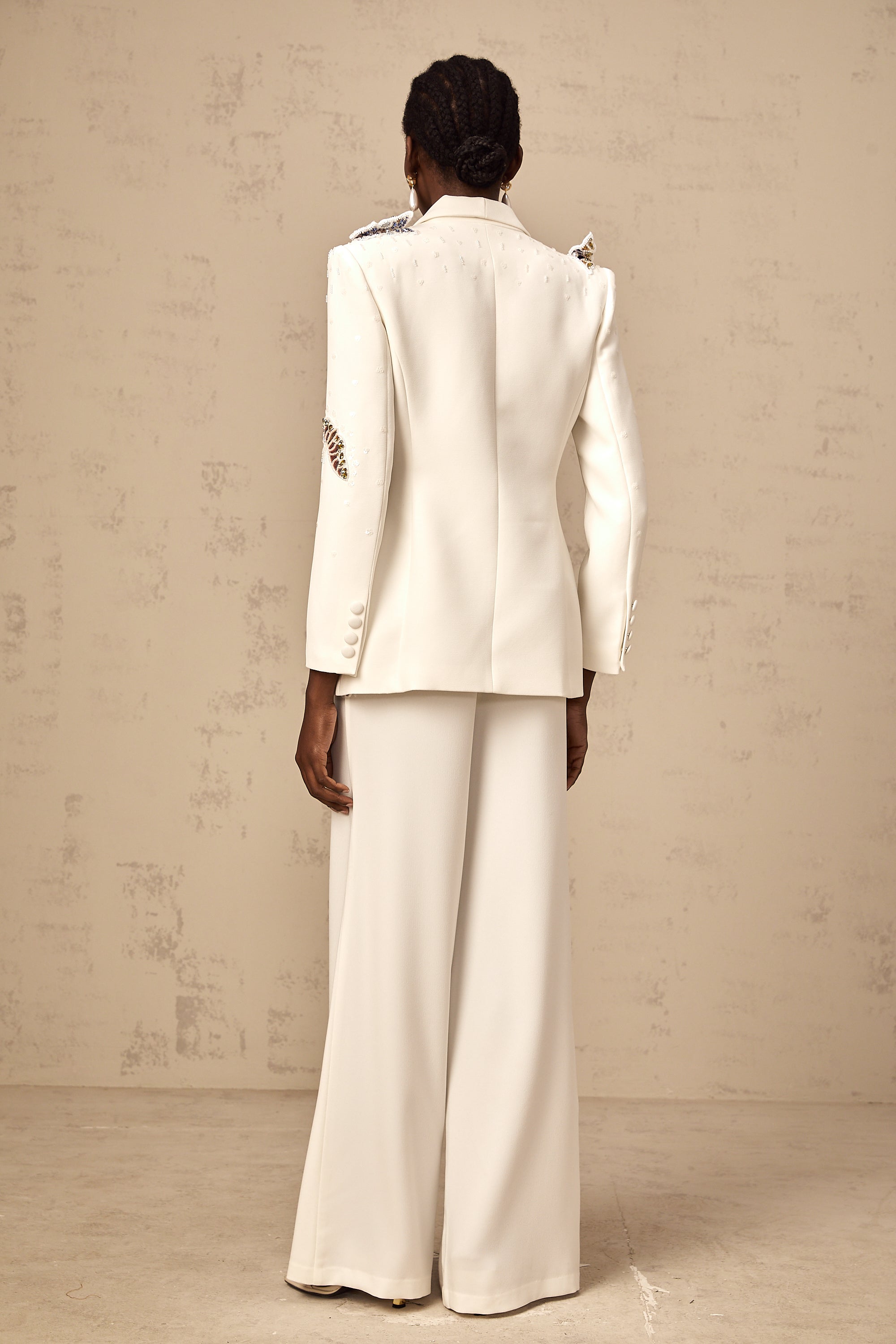 Céleste white butterfly-appliqué embellished blazer & trousers matching set (Final Sale)