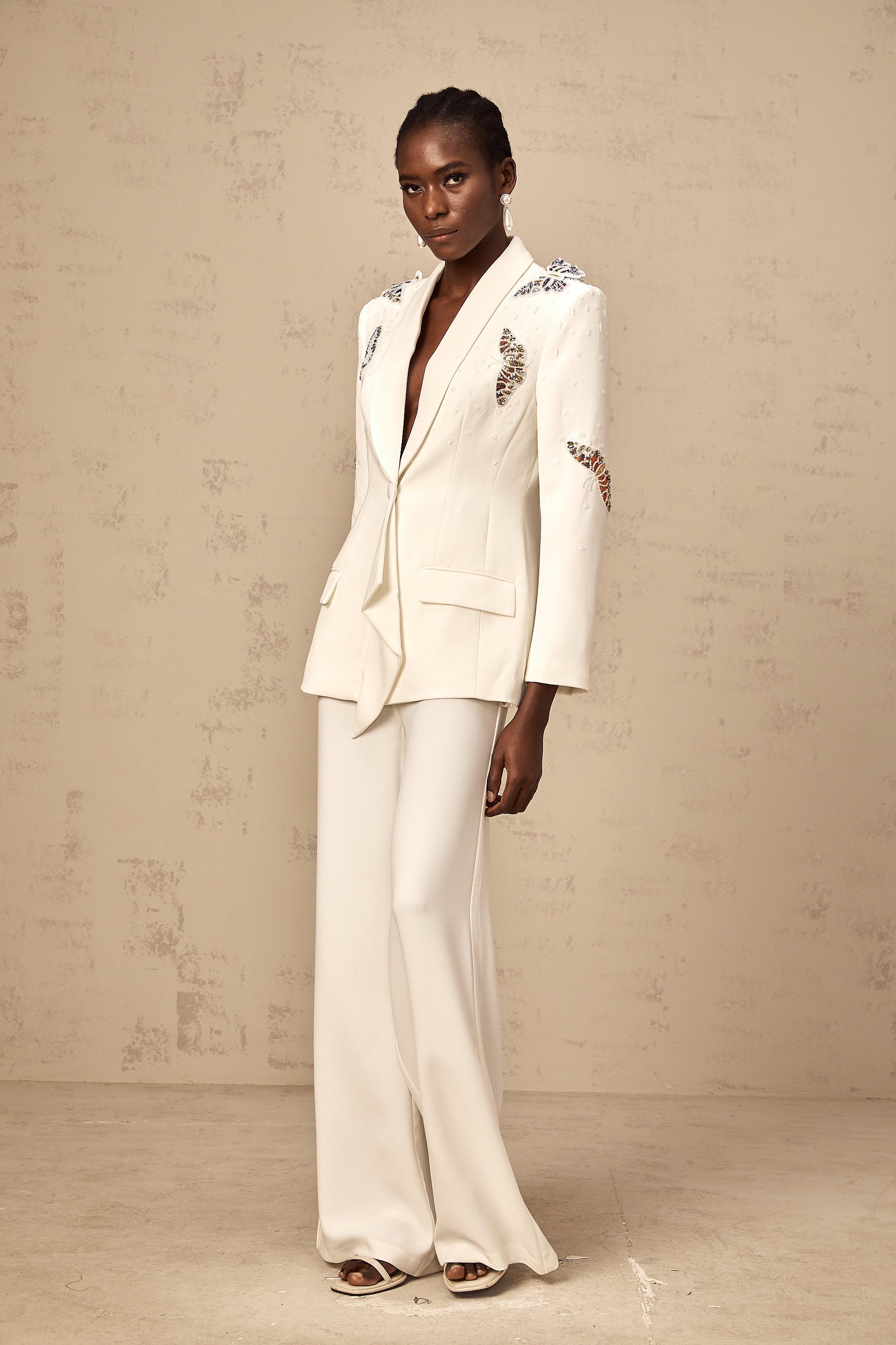 Céleste white butterfly-appliqué embellished blazer & trousers matching set