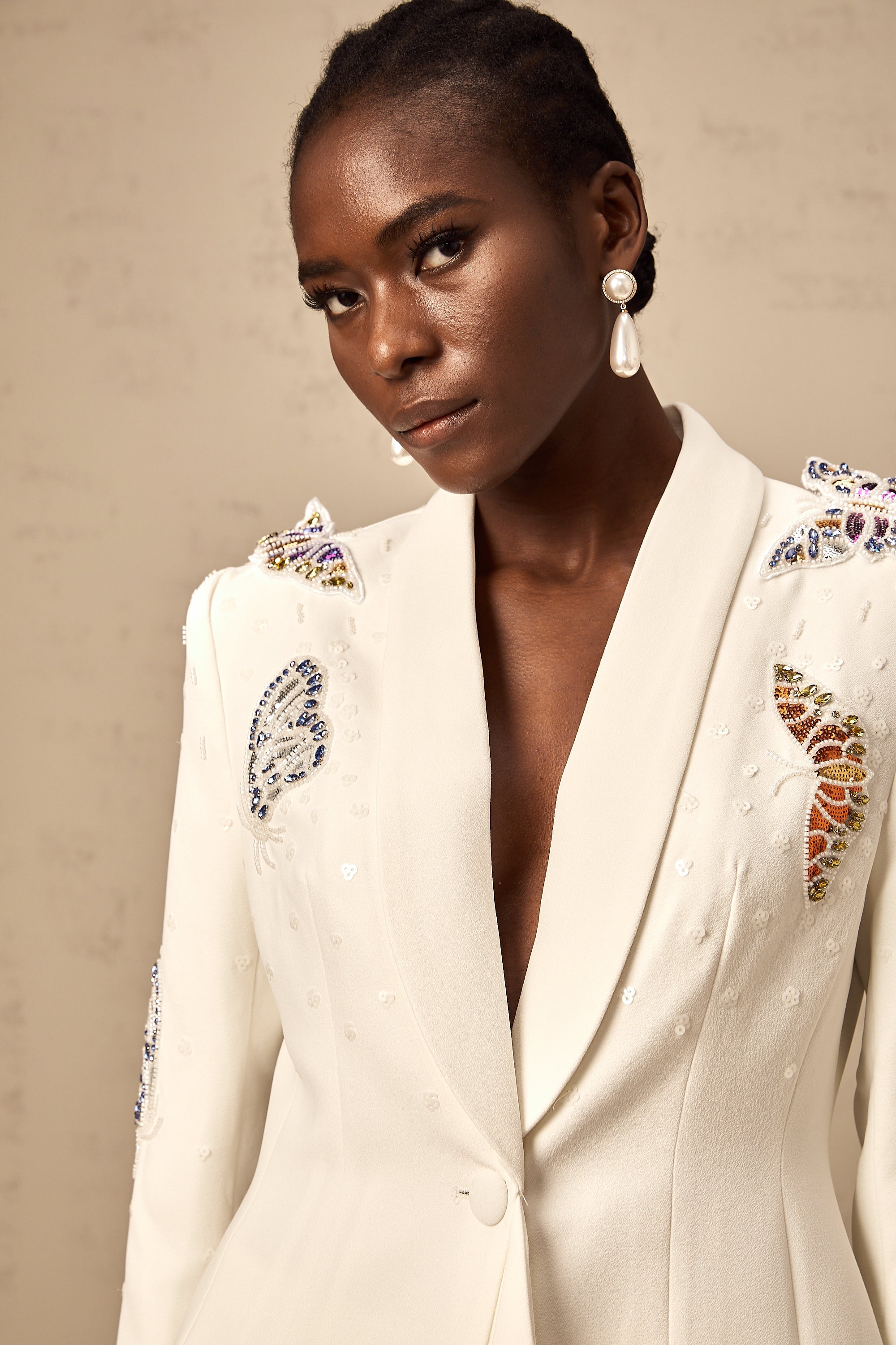 Céleste white butterfly-appliqué embellished blazer & trousers matching set