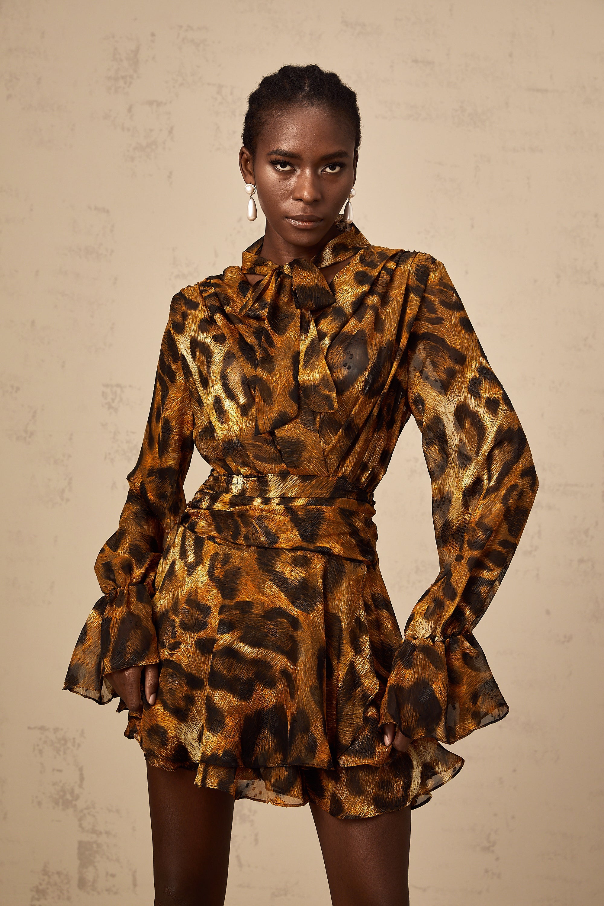 Alizée brown leopard-print flounce mini dress