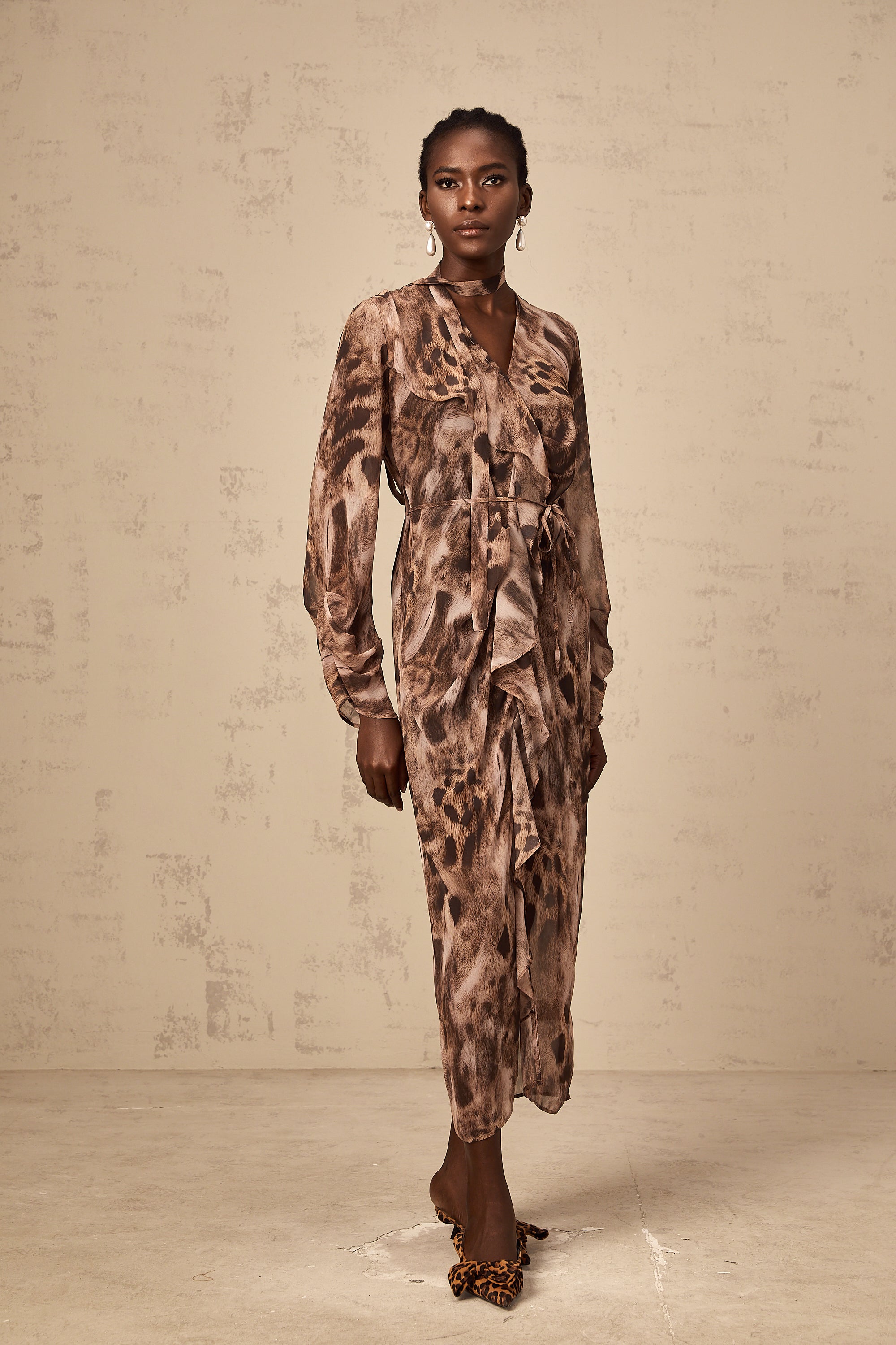 Sidonie brown ruffled leopard-print midi dress