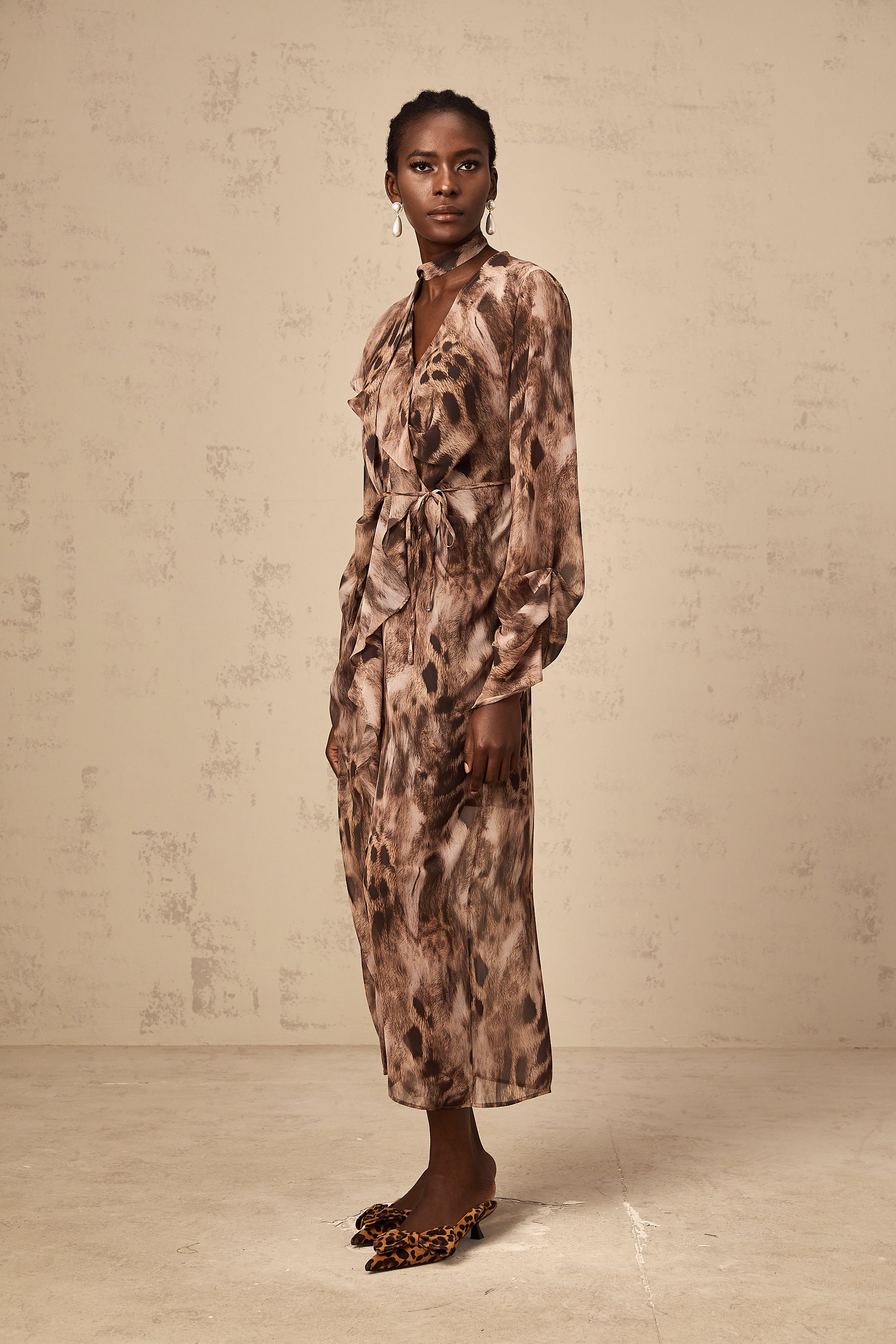 Sidonie brown ruffled leopard-print midi dress