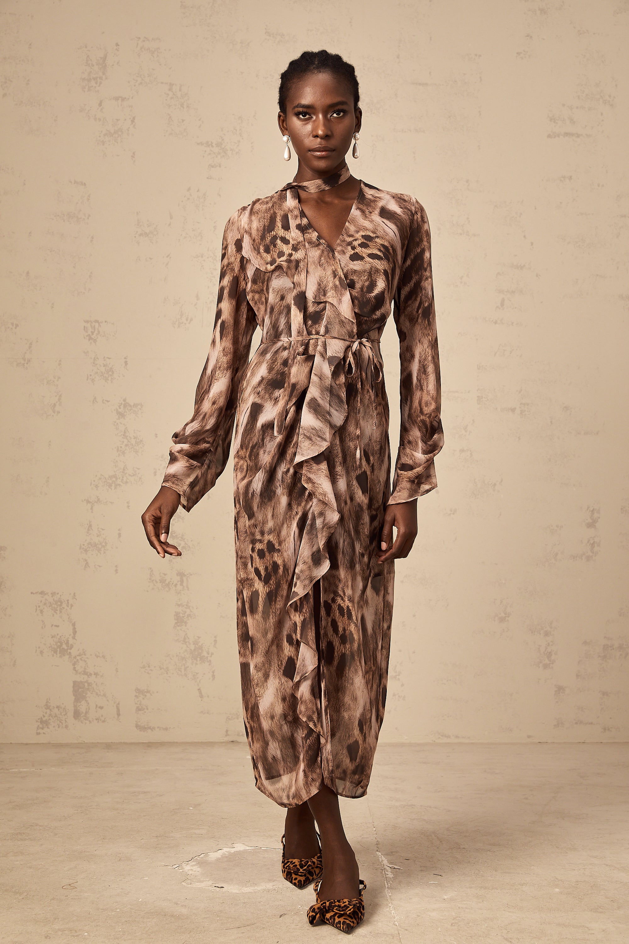 Sidonie brown ruffled leopard-print midi dress