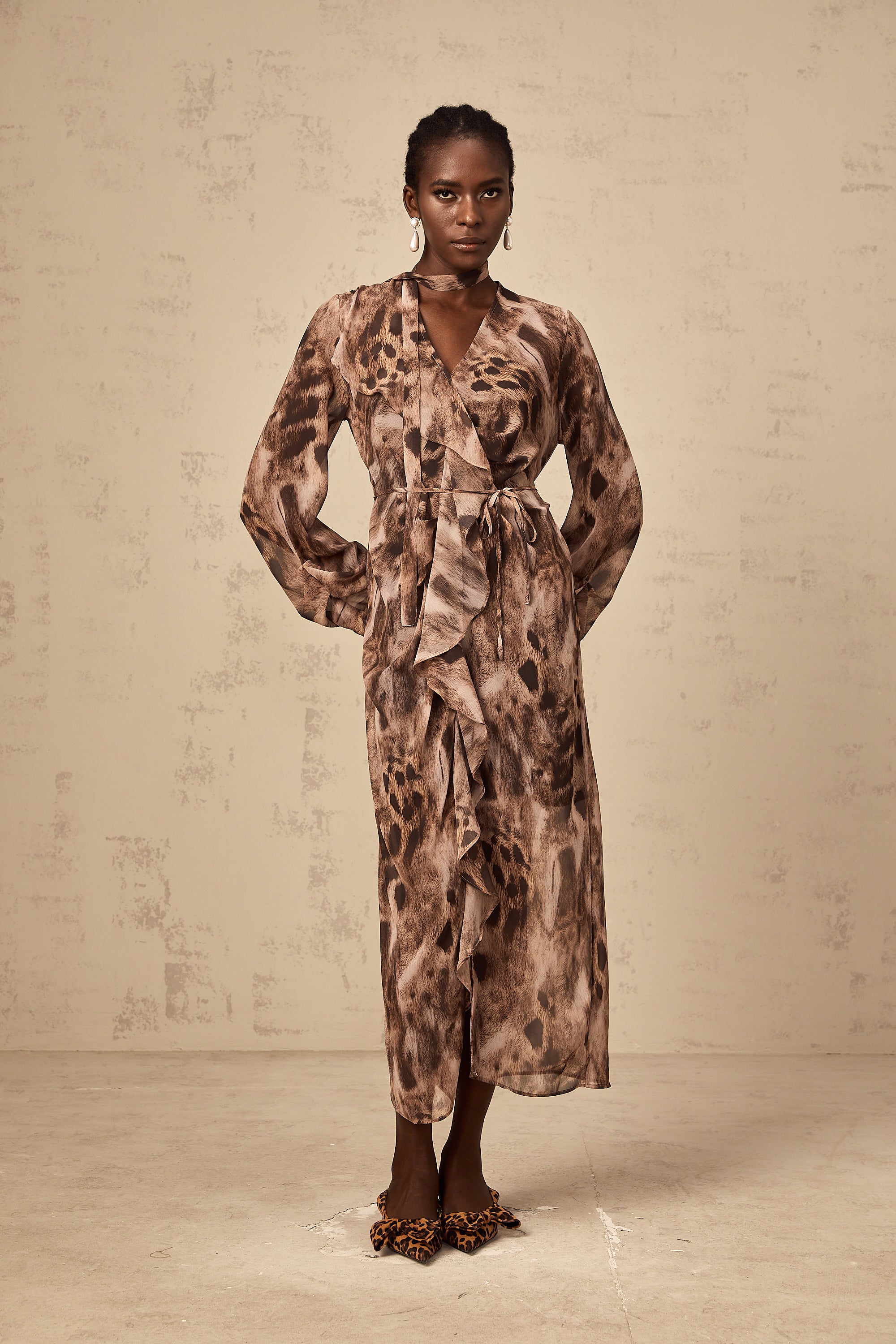 Sidonie brown ruffled leopard-print midi dress