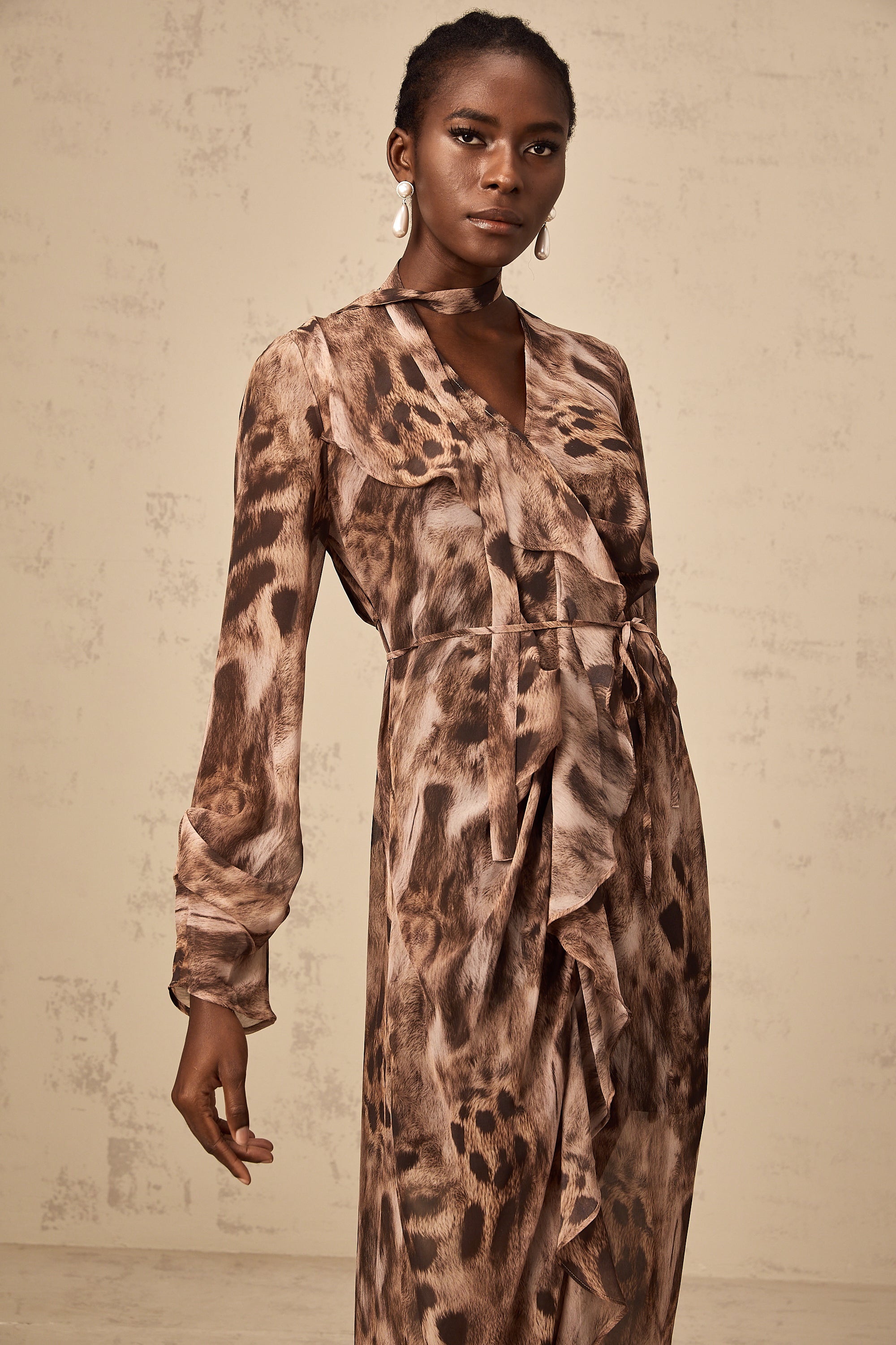 Sidonie brown ruffled leopard-print midi dress
